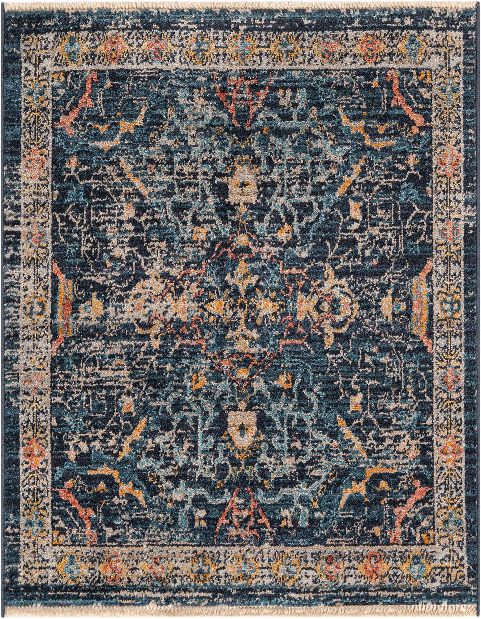 A 3' 3 x 3' 3 square Lola rug featuring a distressed navy blue, teal, and orange Oriental pattern with a traditional border.