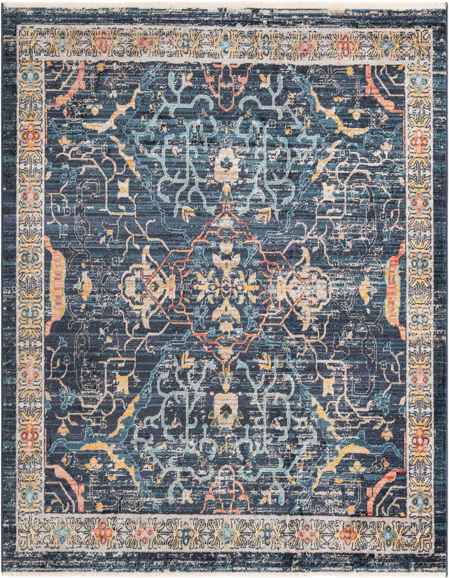 A 6'x6' square Lola collection rug from Rugs.com, featuring a distressed traditional pattern in shades of blue, orange, and yellow on a dark navy background, with a light border.
