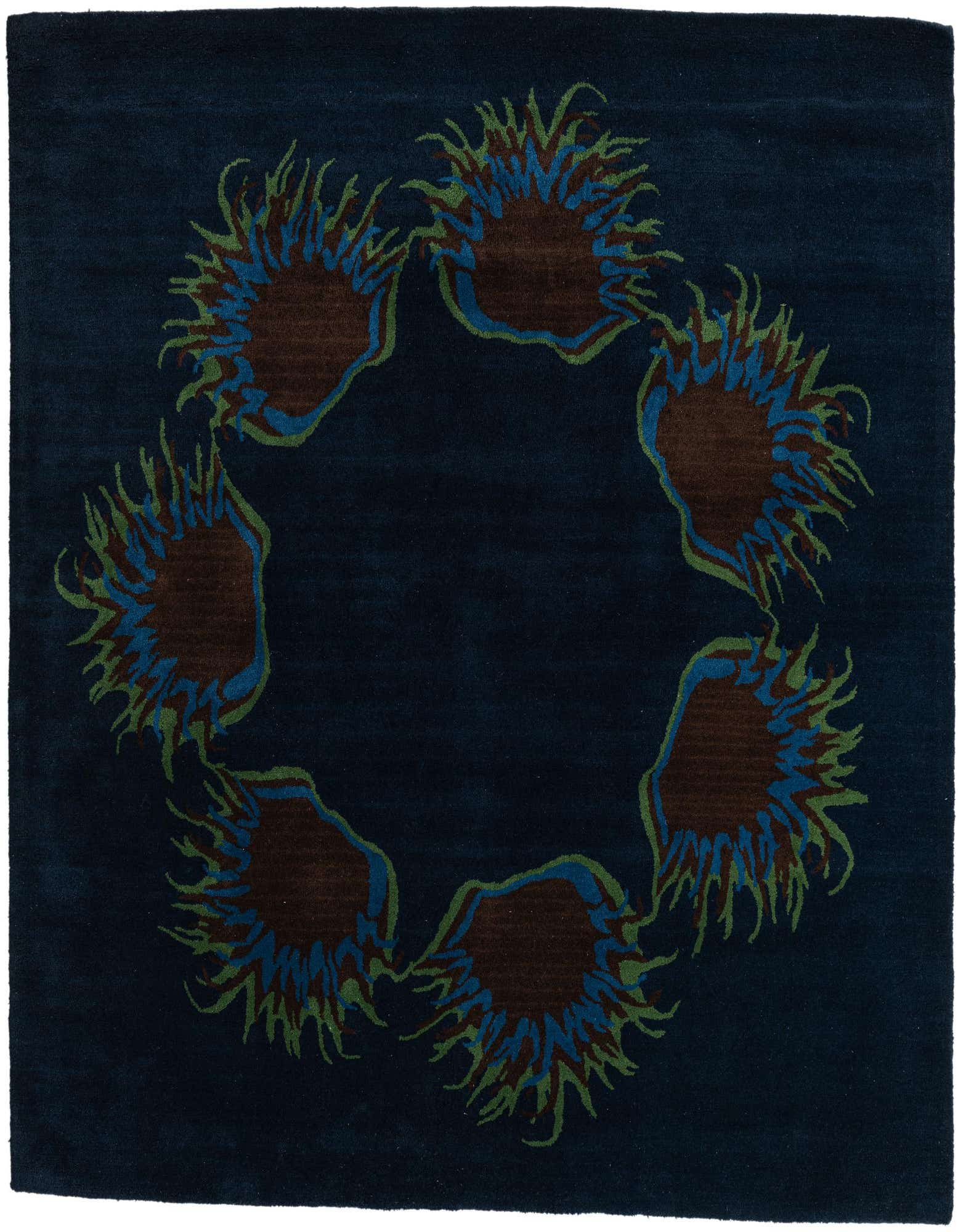 A square navy blue rug with a circular abstract pattern of brown, blue, and green shapes resembling sea anemones.