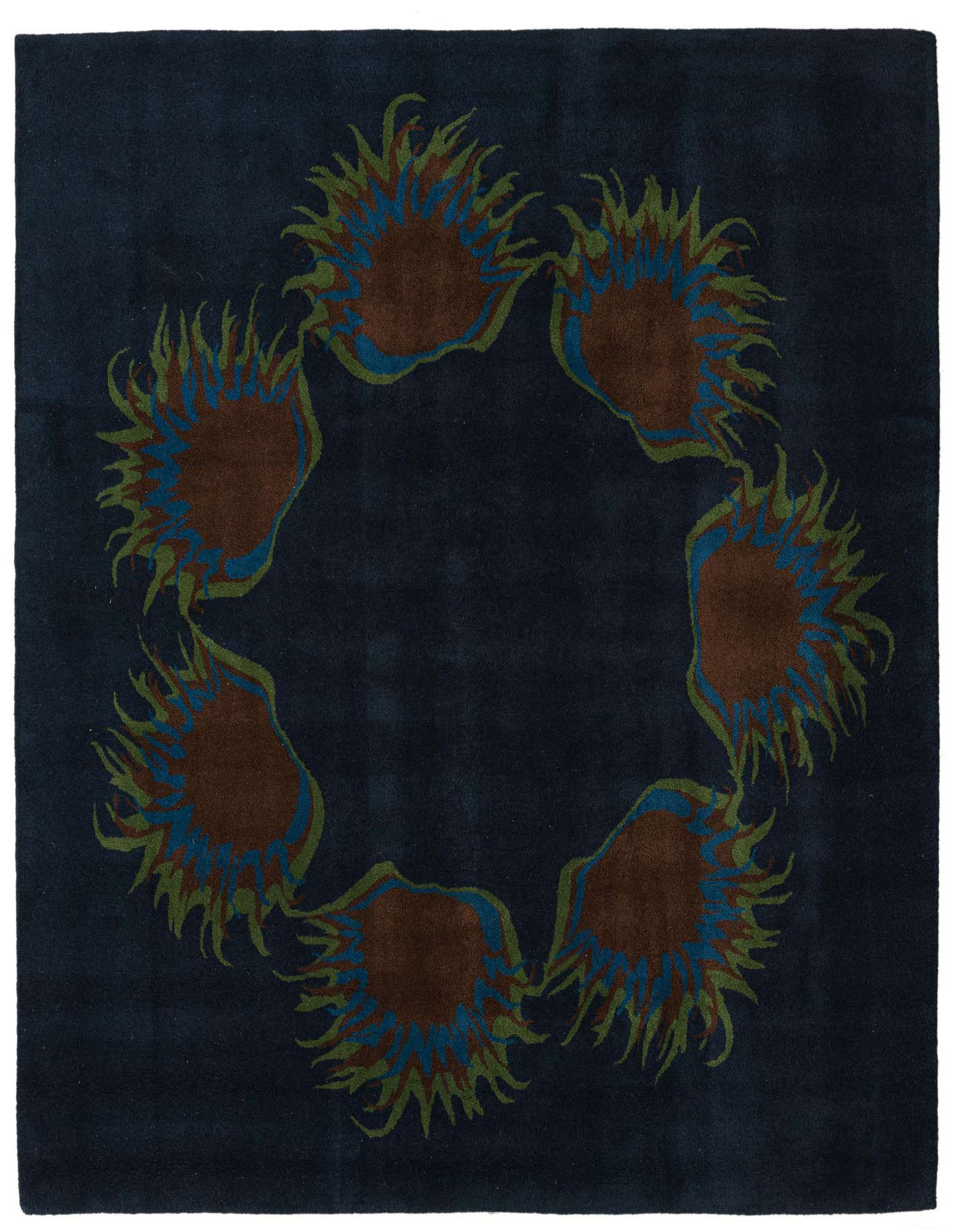 A 7' 6 x 7' 6 square navy blue modern wool rug with an abstract circular pattern of brown, blue, and green shapes.