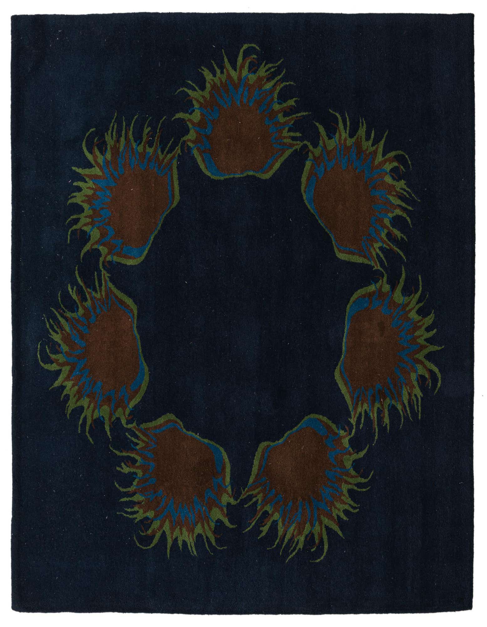 A 7'6" x 7'6" square navy blue wool and cotton rug with a modern circular pattern of brown, blue, and green abstract shapes.