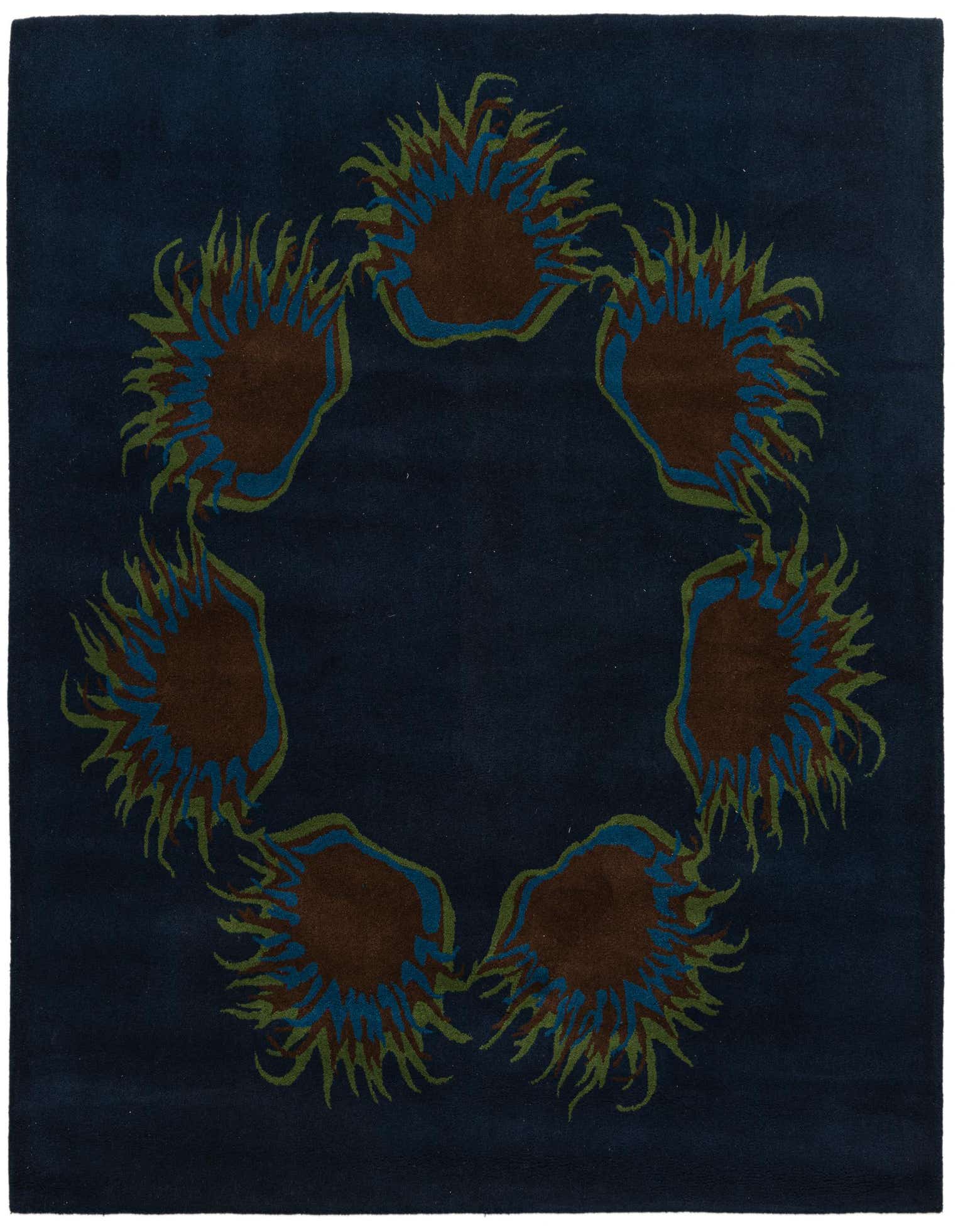 A square navy blue modern rug with a high pile, featuring a circular pattern of abstract brown, blue, and green shapes.