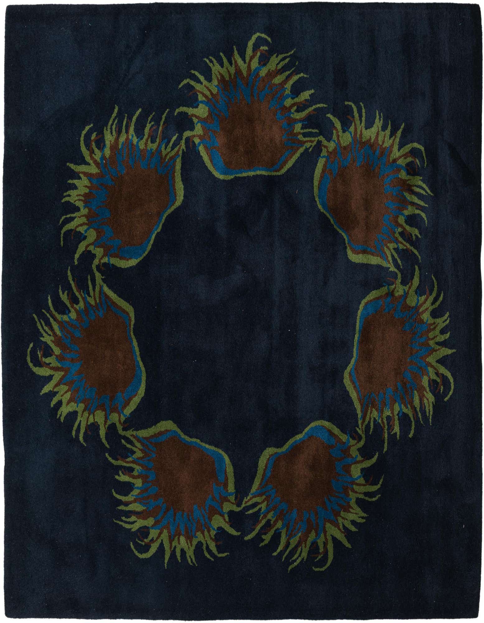 A square navy blue rug featuring a circular modern floral pattern with brown, blue, and green accents.