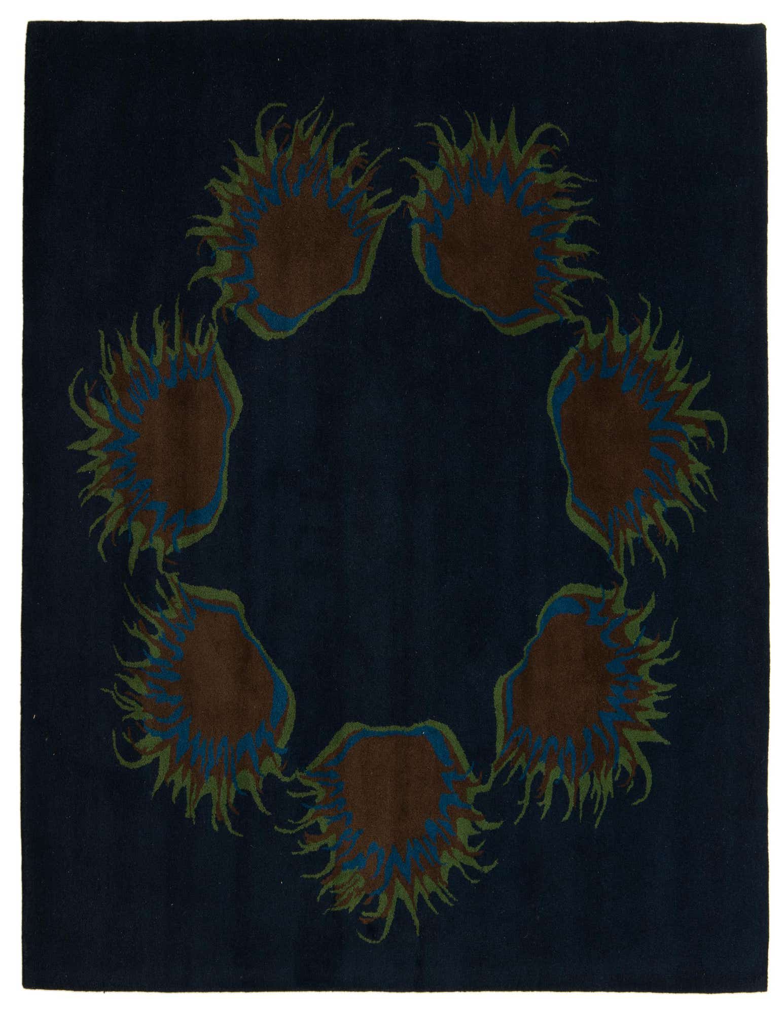 A 7' 7 x 7' 7 square navy blue rug with a modern floral pattern of brown, blue, and green abstract shapes arranged in a circle.