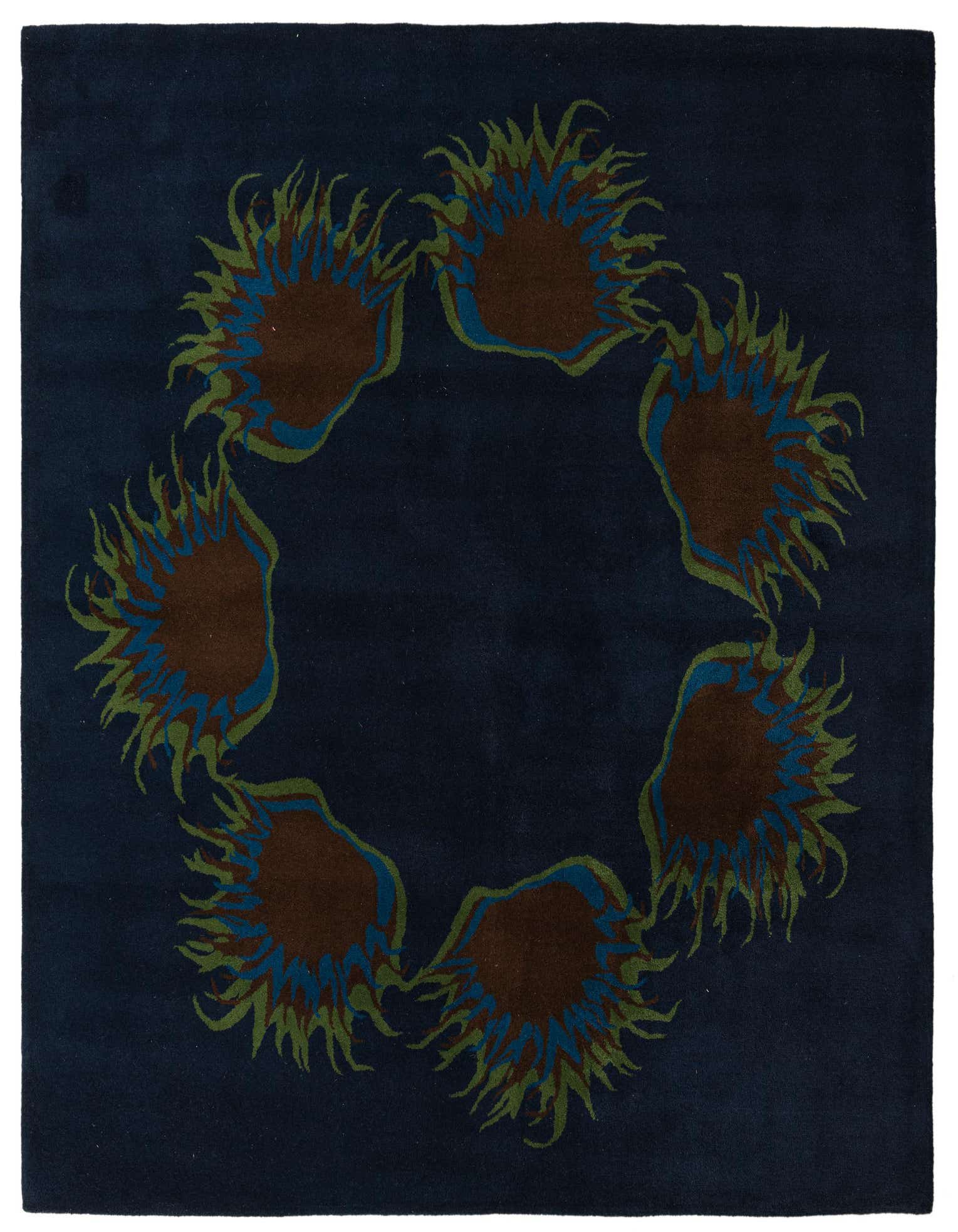 A 7' 6 x 7' 7 square navy blue wool rug featuring a circular modern floral design with brown, blue, and green accents.