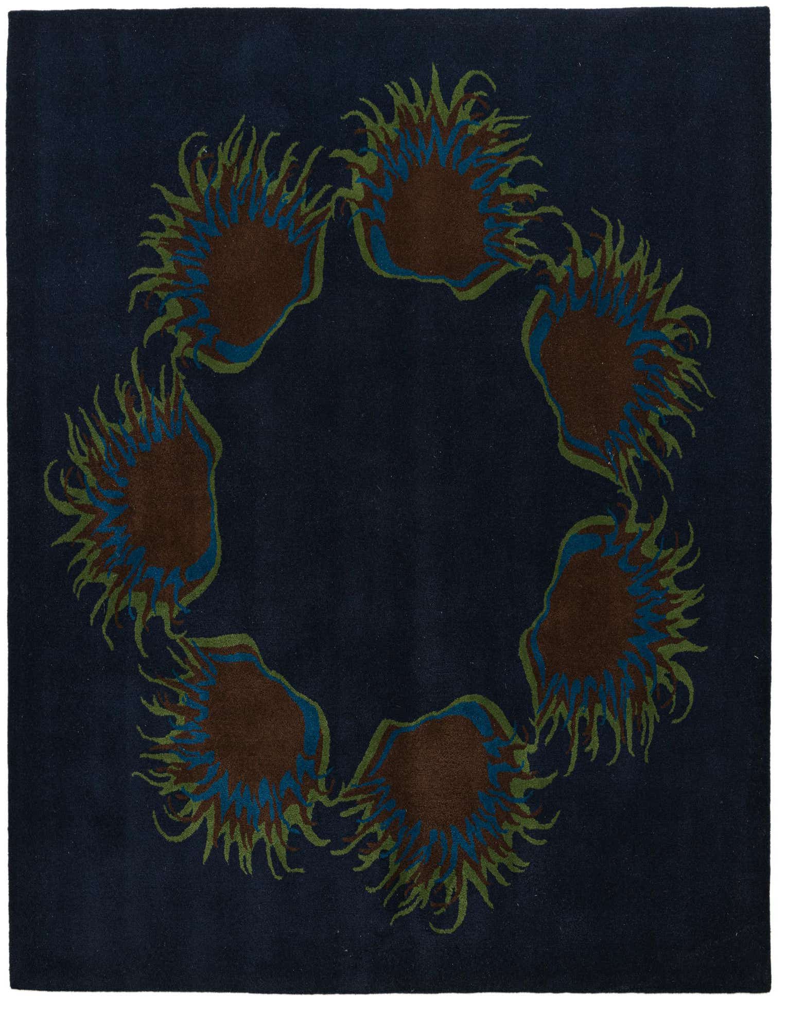 A square navy blue rug with a circular pattern of abstract brown, blue, and green shapes resembling sea anemones.
