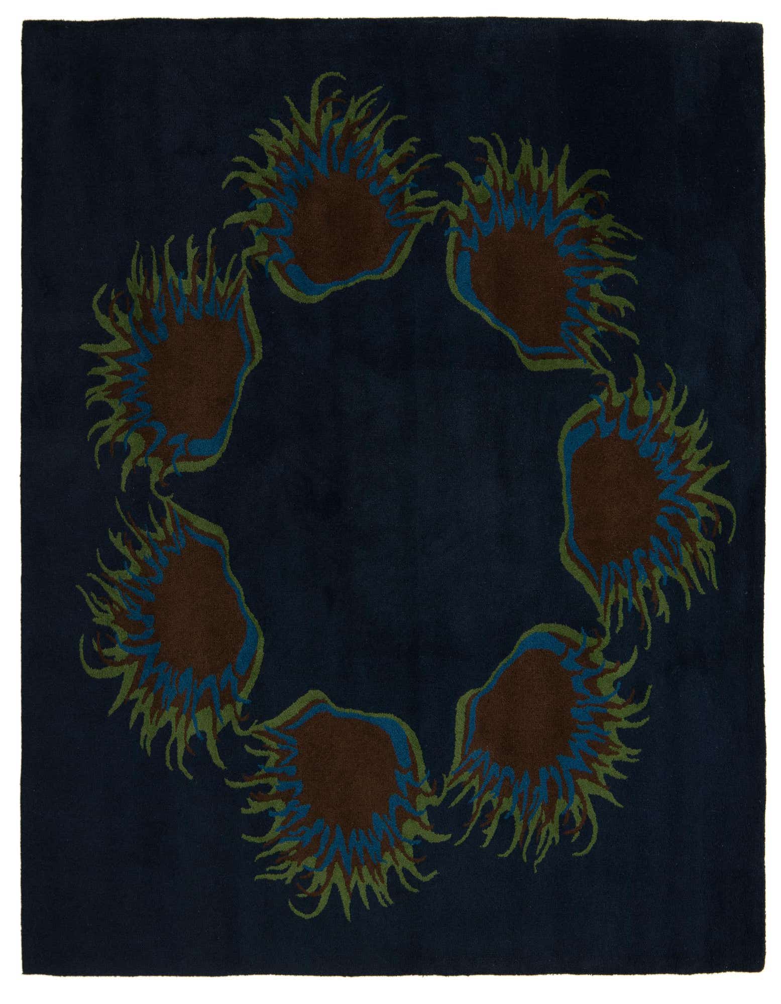 A 7' 6 x 7' 6 square navy blue modern wool rug with a circular pattern of abstract brown, blue, and green floral shapes.