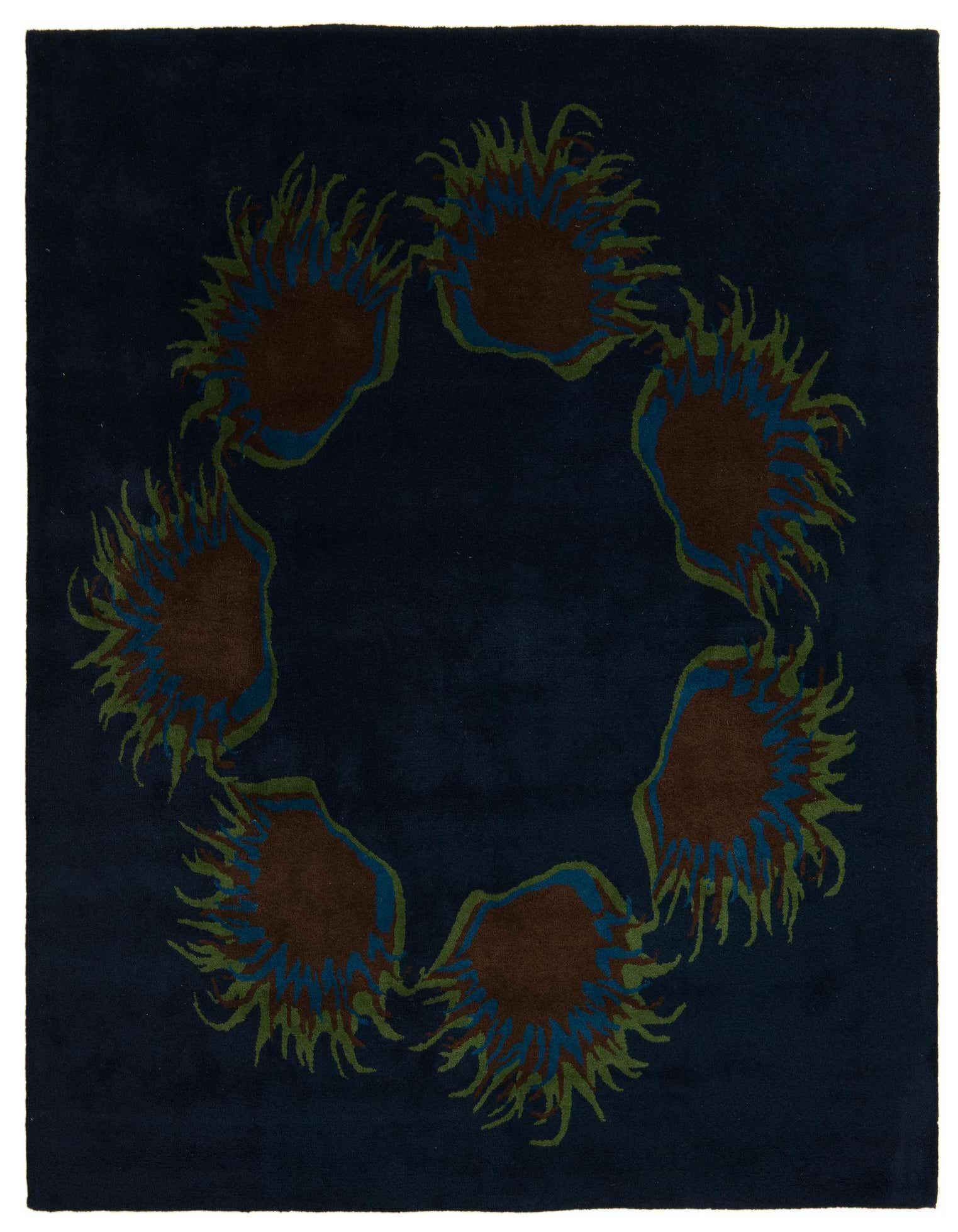 A 7' 5 x 7' 6 square navy blue modern wool rug with a circular pattern of abstract brown, blue, and green shapes.