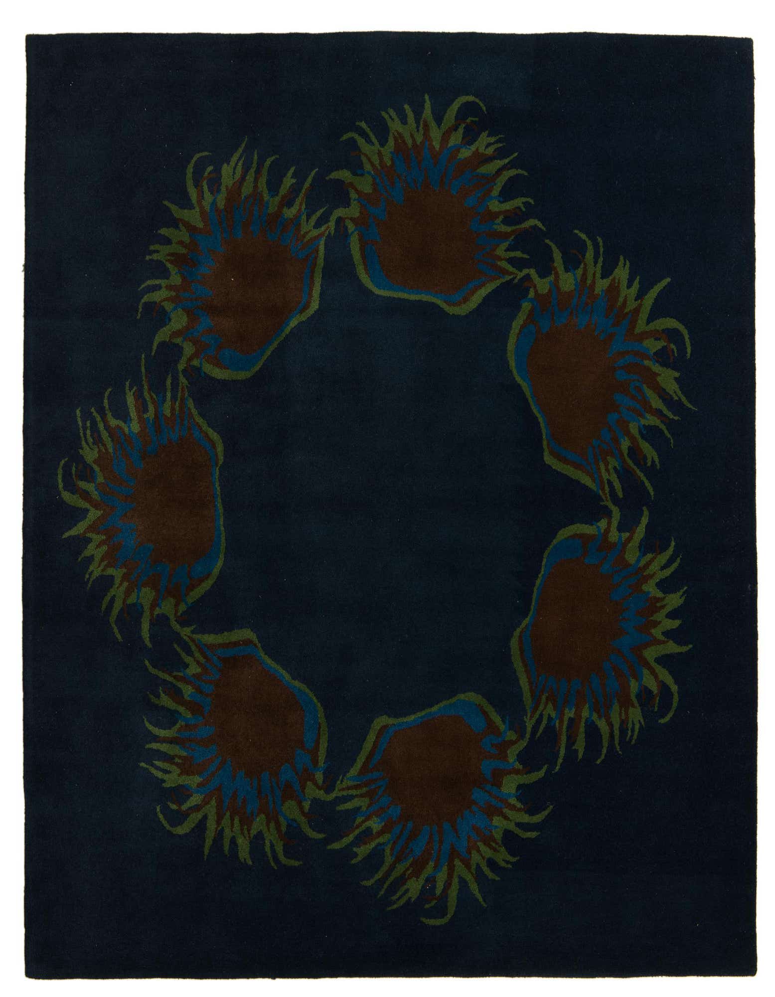 A 7' 6 x 7' 6 square navy blue modern wool rug with a circular pattern of brown, blue, and green abstract floral shapes.