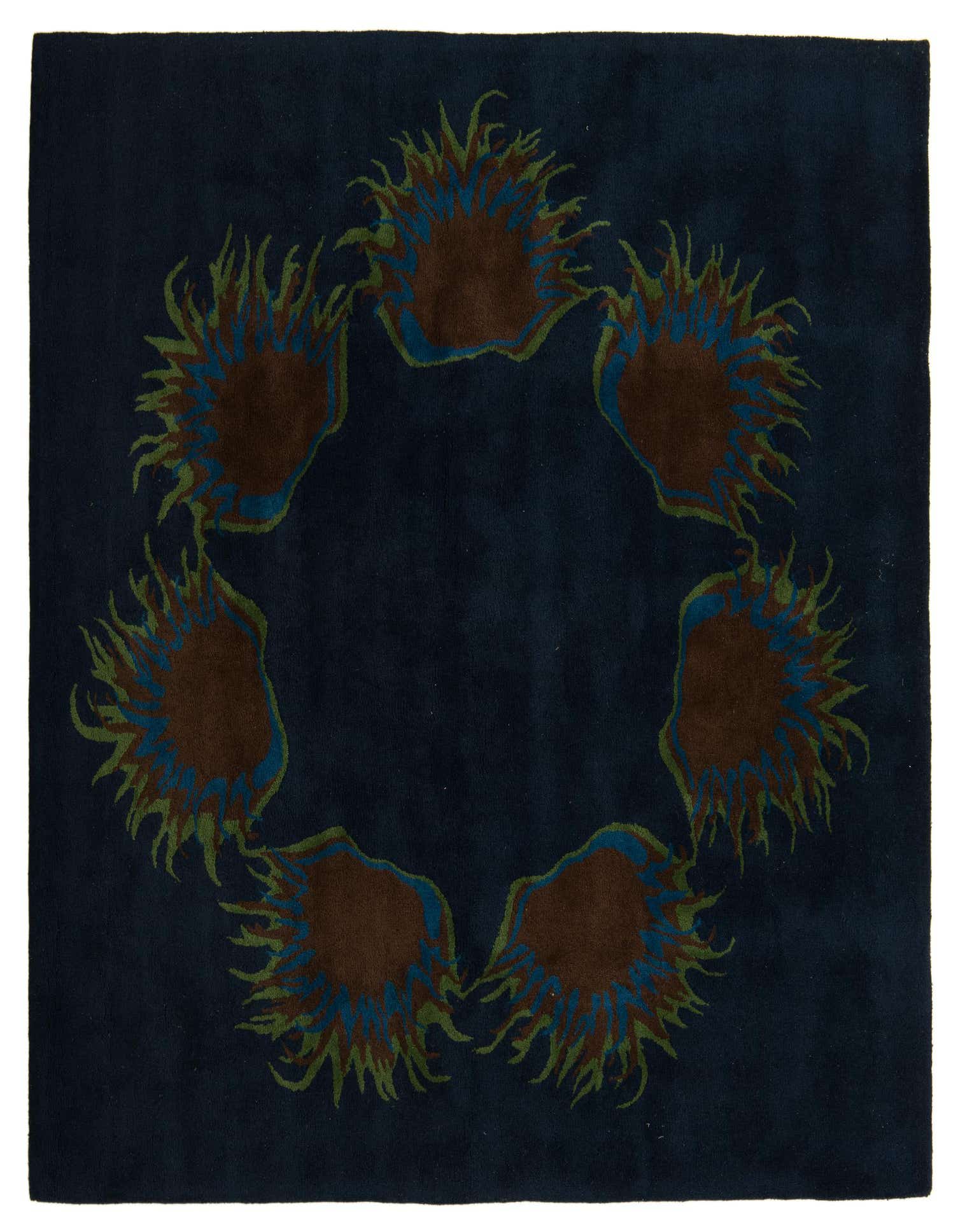 A 7' 3 x 7' 6 square navy blue modern rug with a circular pattern of abstract brown, blue, and green shapes.