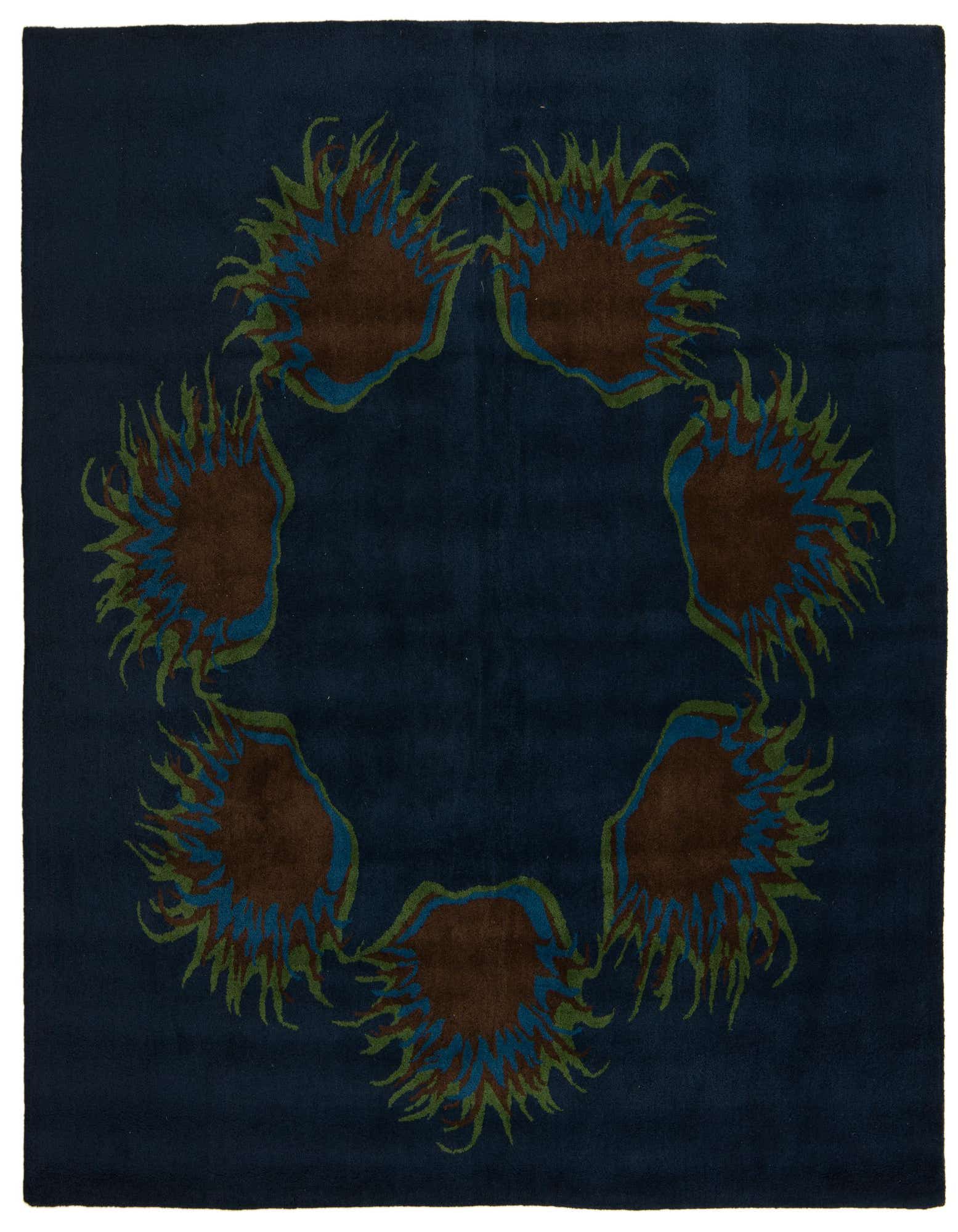 A 7' 6 x 7' 6 square navy blue modern rug with a circular pattern of brown, blue, and green abstract floral shapes.