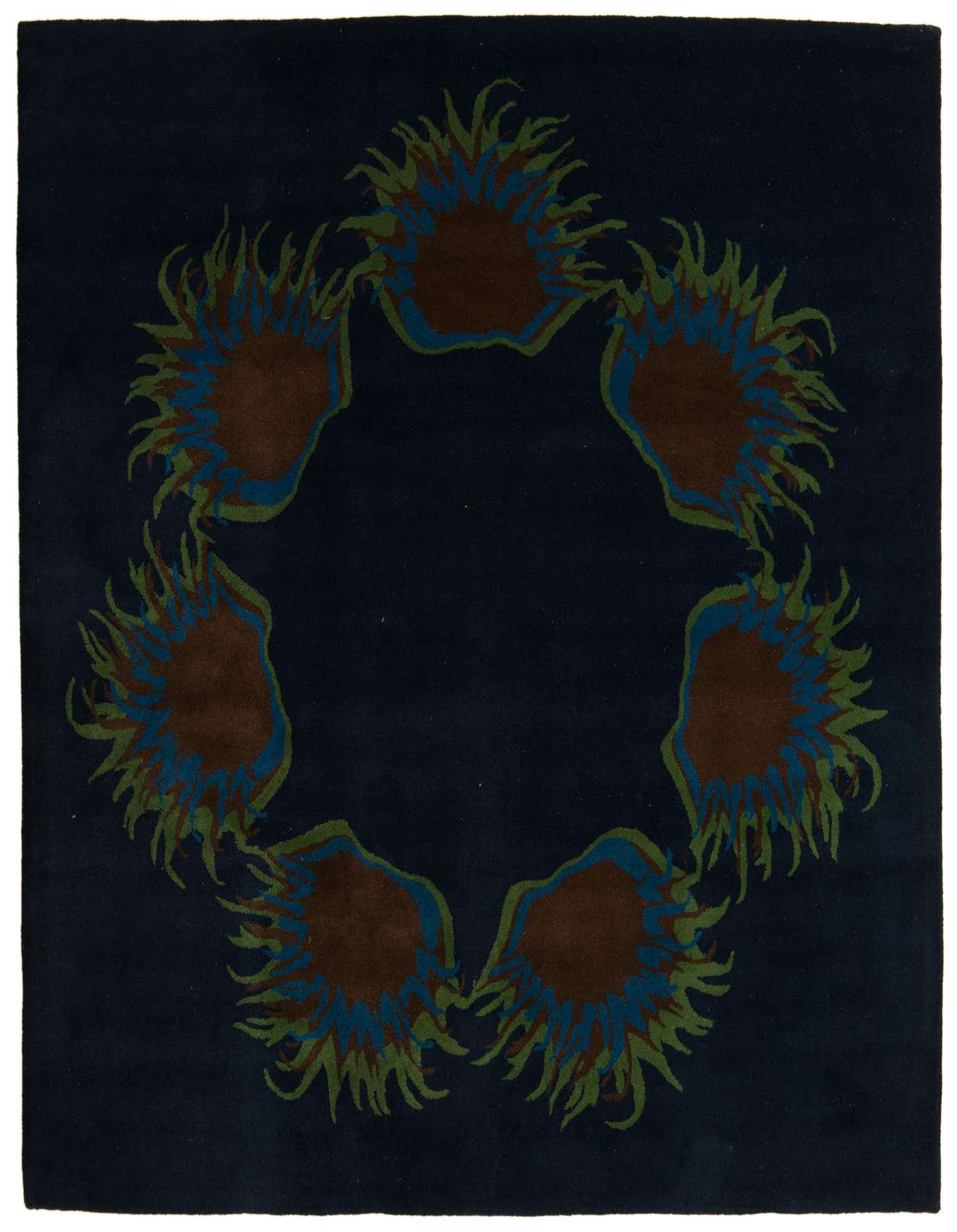 A 7' 5 x 7' 6 square navy blue modern rug with a circular pattern of abstract brown, blue, and green shapes.