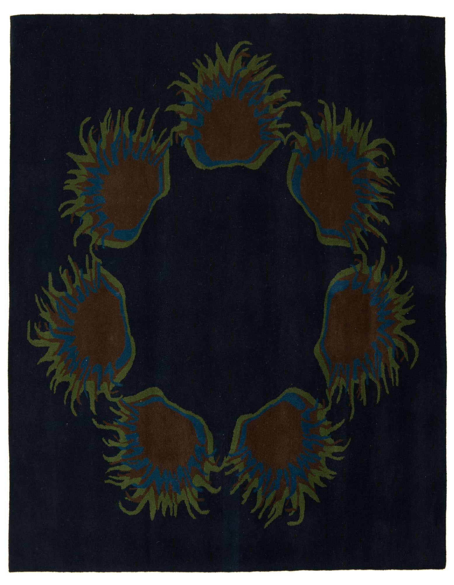 A 7' 6 x 7' 6 square navy blue rug with a modern circular pattern of brown, blue, and green abstract floral shapes.
