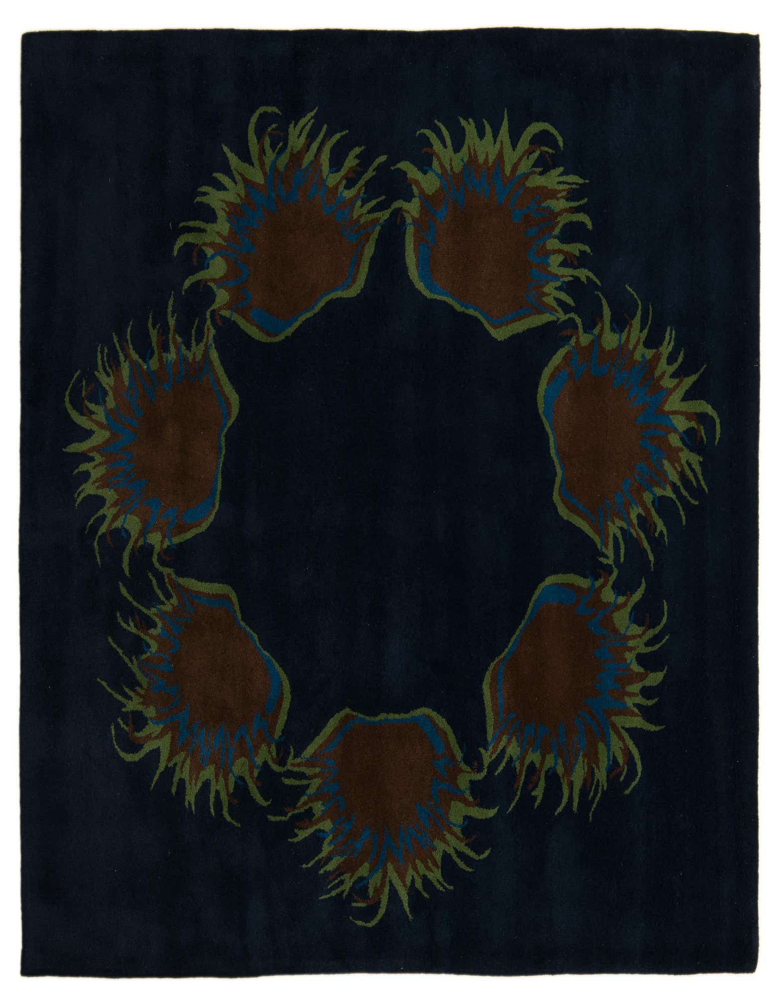 A 7' 5 x 7' 7 square navy blue modern rug with a central circular design of abstract brown, blue, and green shapes.