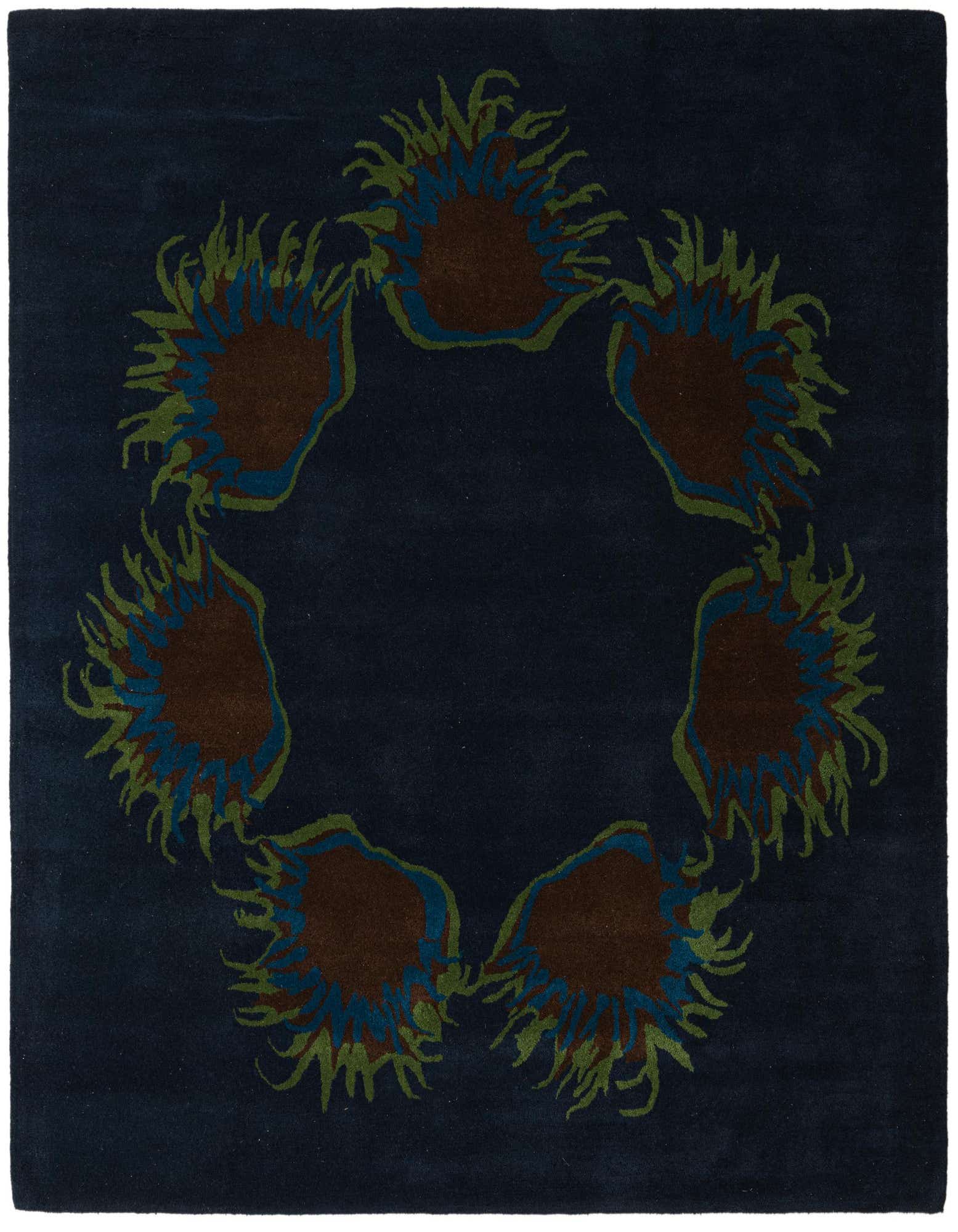 A 7' 7 x 7' 7 square navy blue wool rug with a modern circular pattern of abstract brown, teal, and lime green shapes.