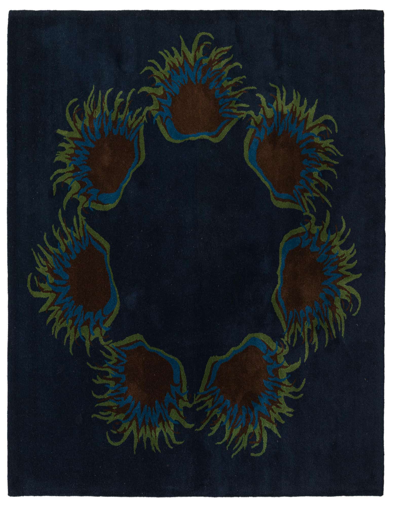 A 7' 6 x 7' 7 square navy blue wool rug featuring a circular floral pattern with brown, blue, and green botanical elements.