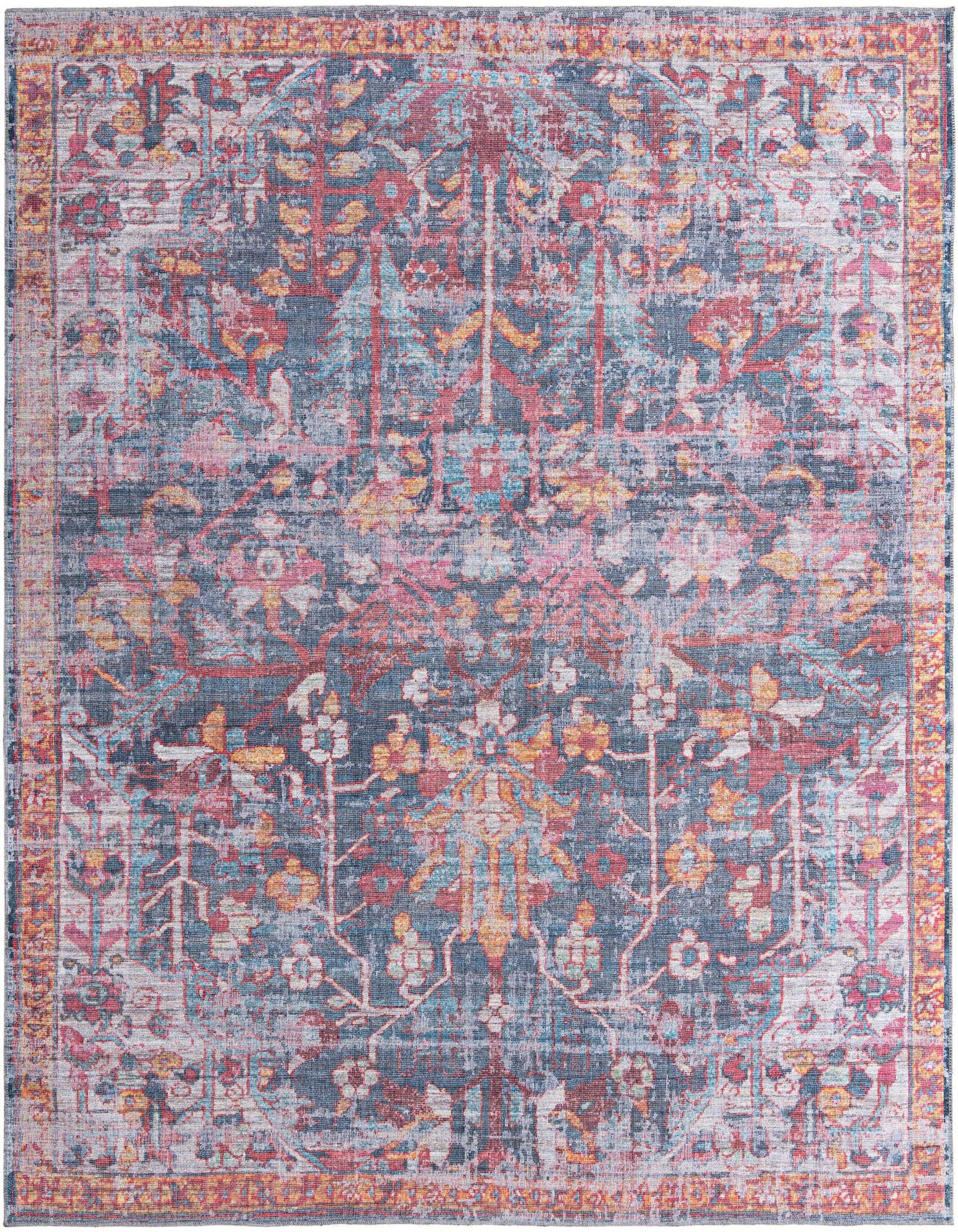 A 10' 6 x 10' 6 square Maahru rug featuring a distressed traditional floral pattern in shades of blue, red, pink, and gold.