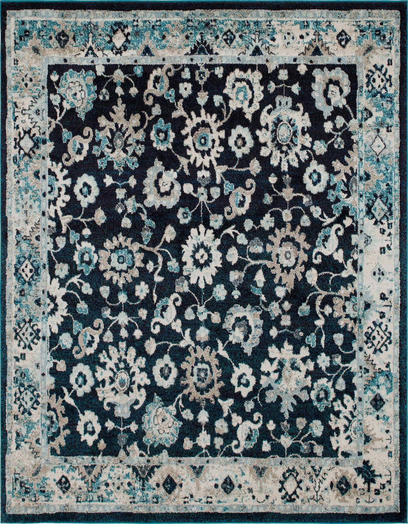 A 7' 10 x 7' 10 square Madeline rug with a navy blue field and a traditional botanical pattern in light blue, teal, and beige.