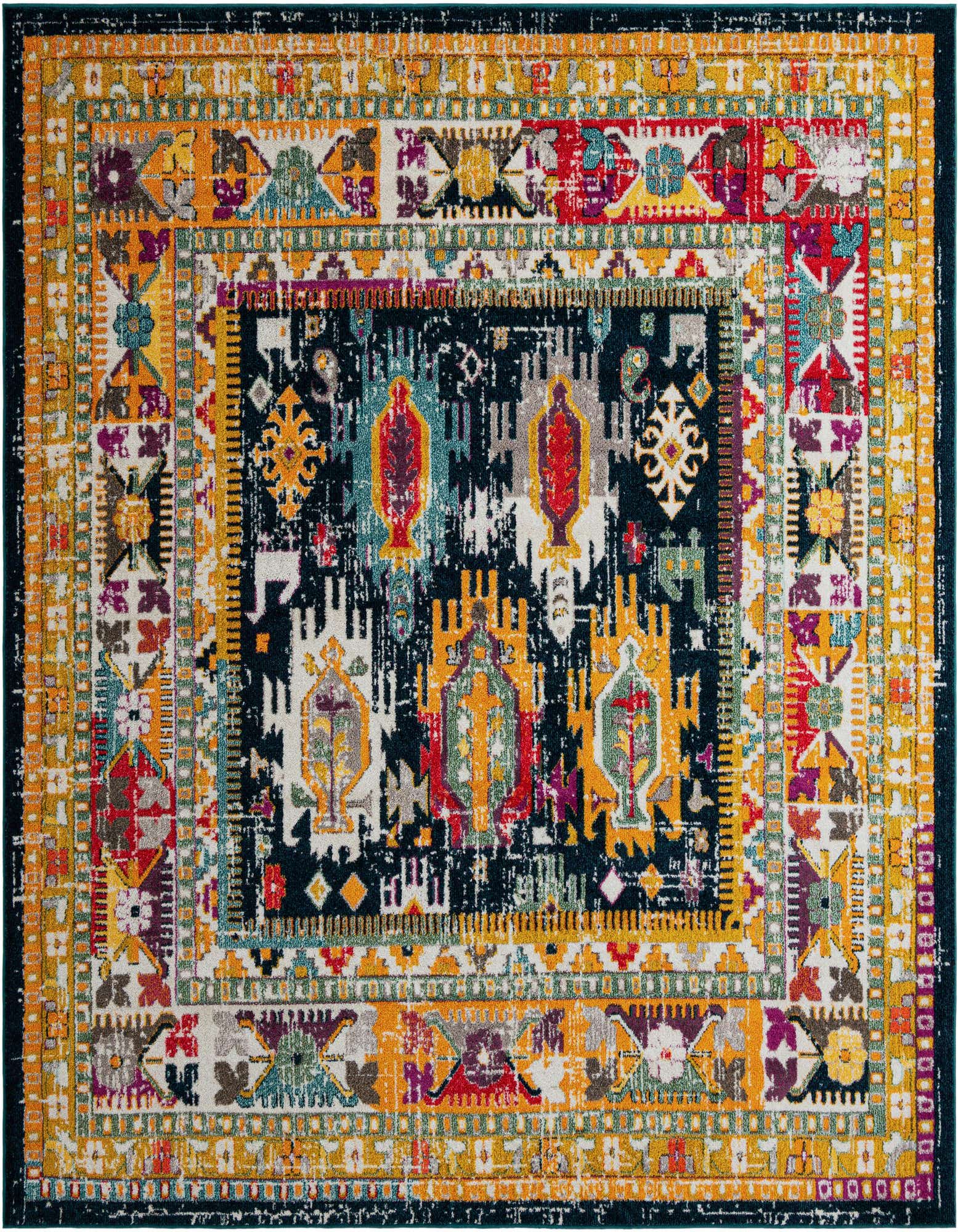 A vibrant 10'x10' square area rug with a distressed bohemian pattern in navy blue, red, yellow, and teal.