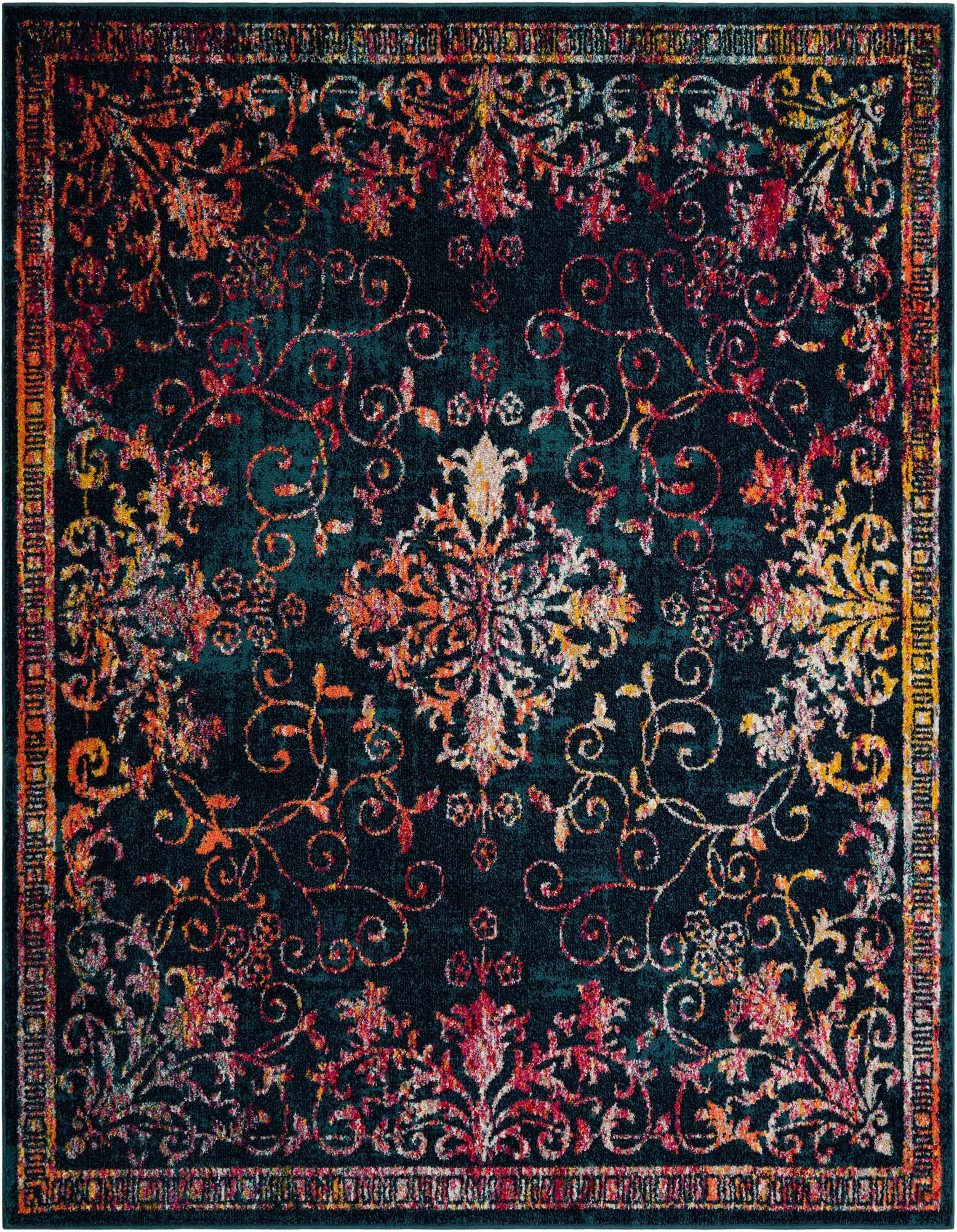 A square 7' 10 x 7' 10 navy blue area rug with a distressed traditional medallion and floral pattern in vibrant red, orange, and yellow hues.