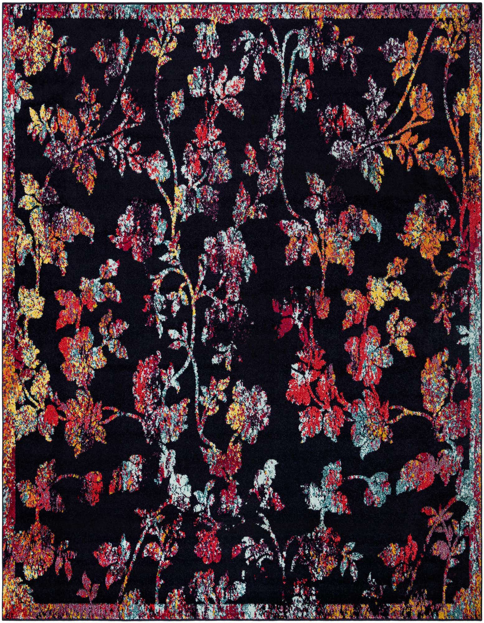 A 10'x10' square navy blue rug with a vibrant, distressed floral pattern in red, orange, yellow, and light blue.