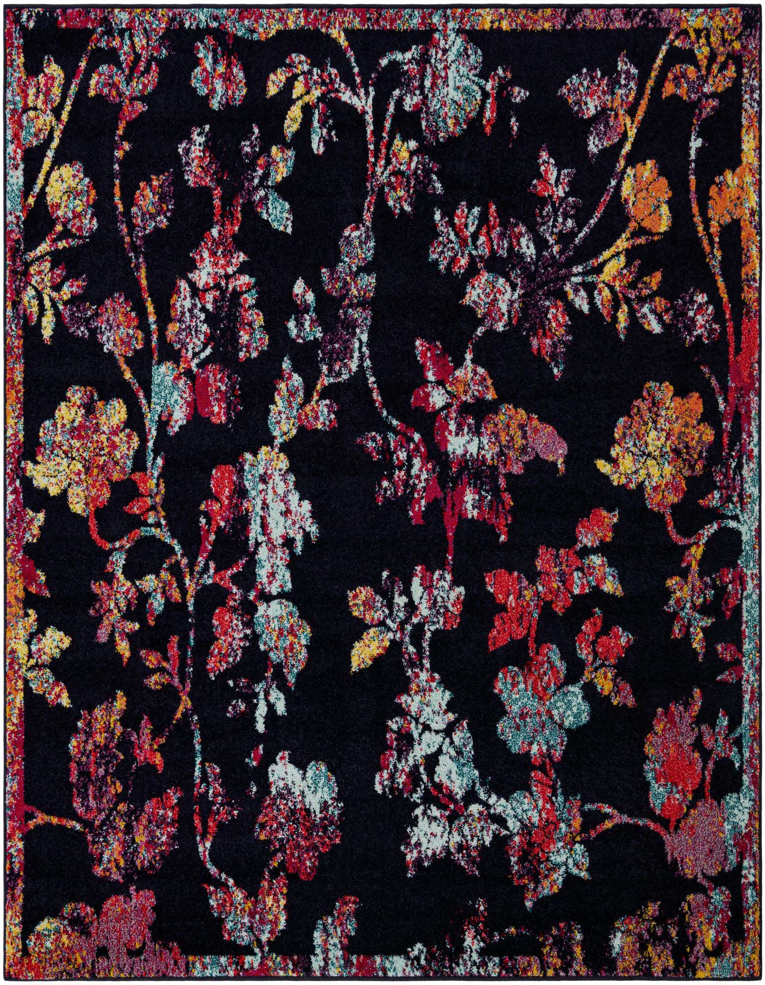 A square 7'10" x 7'10" navy blue rug with a vibrant, distressed floral pattern in red, orange, yellow, and light blue.