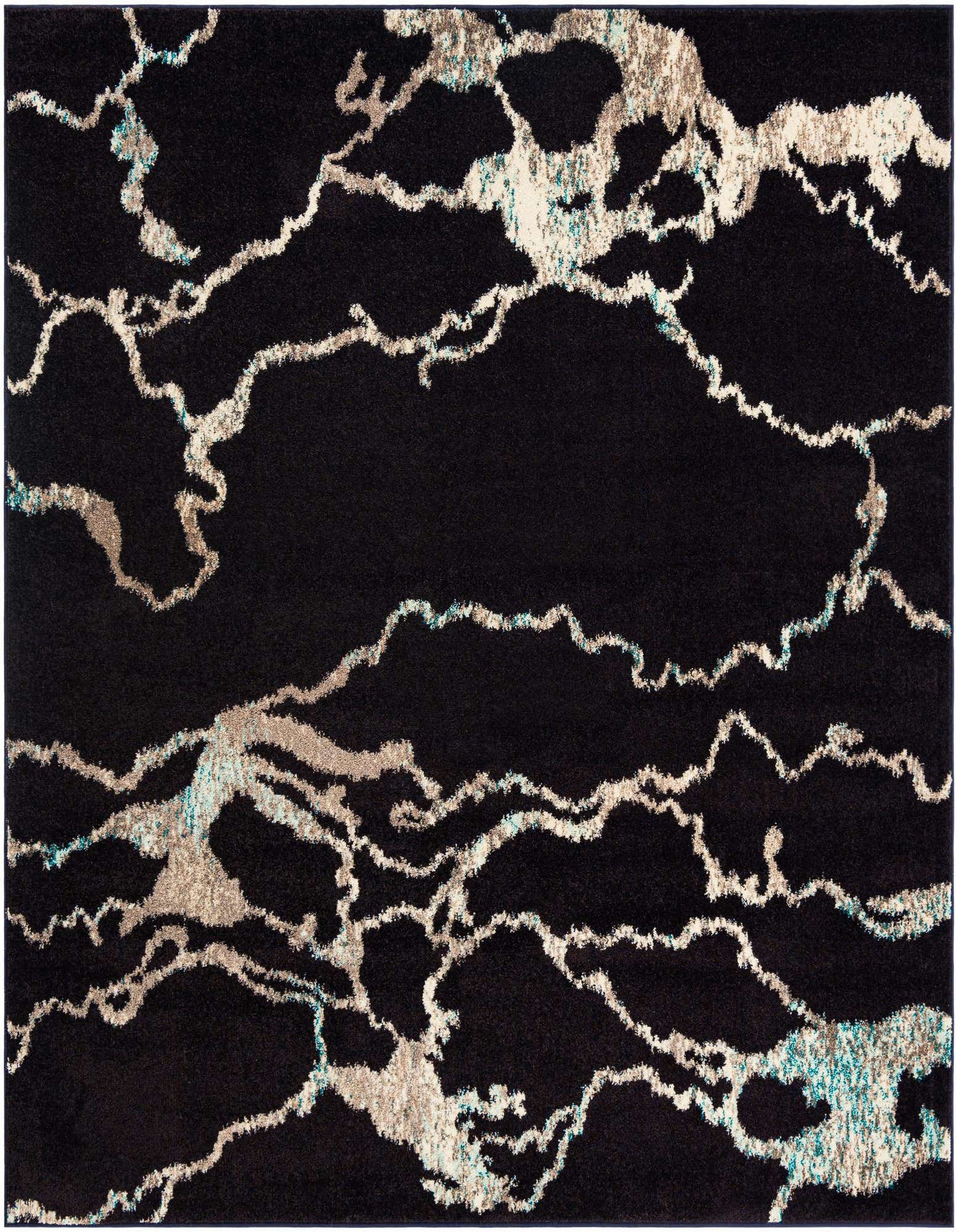 A square 7' 10 x 7' 10 navy blue rug with an abstract pattern of thin, winding light blue and beige lines, suitable for an indoor space.