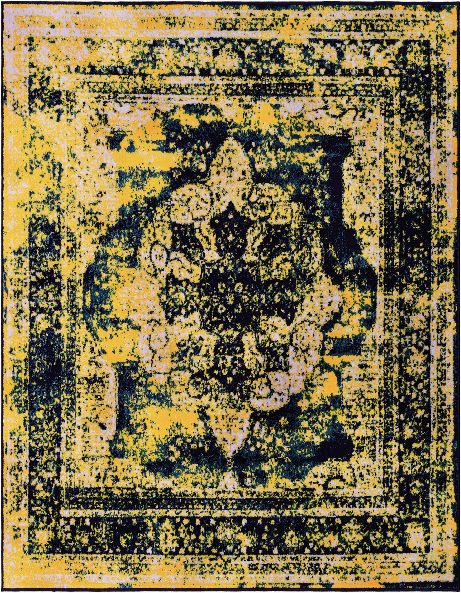 A 6'x6' square Monte Carlo rug featuring a distressed navy blue medallion and border pattern on a vibrant yellow background.