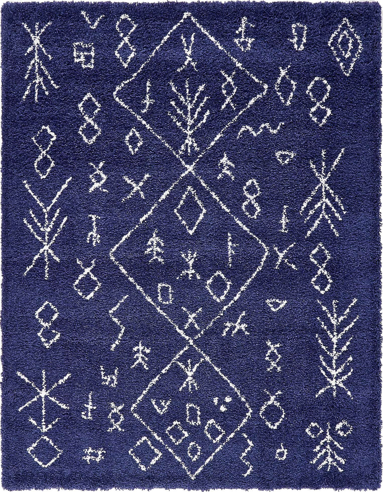 A plush 8x8 square navy blue shag rug with a white tribal abstract pattern featuring diamonds and symbols.