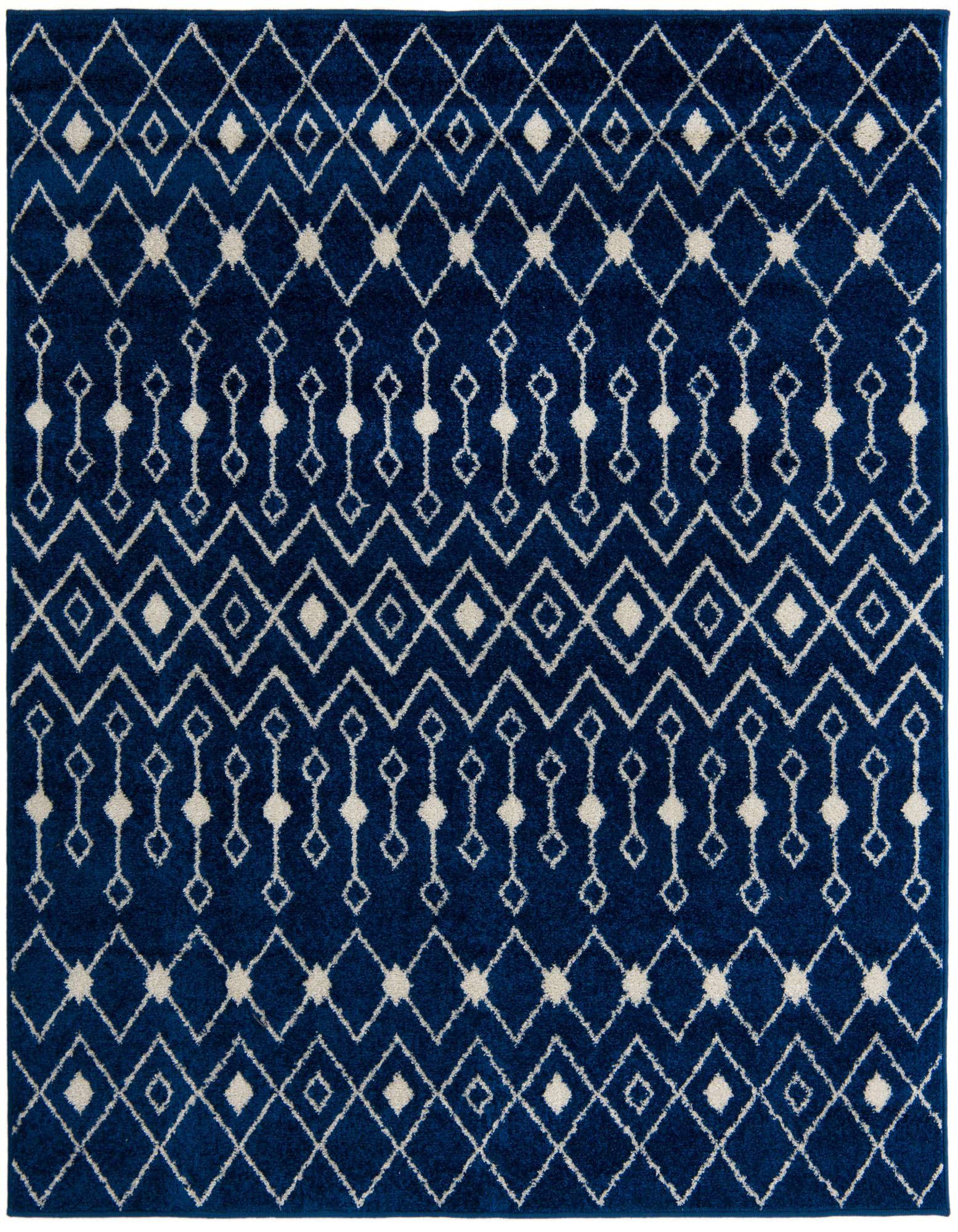 A 6'x6' square navy blue Moroccan Trellis rug with a cream geometric diamond and stripe pattern.