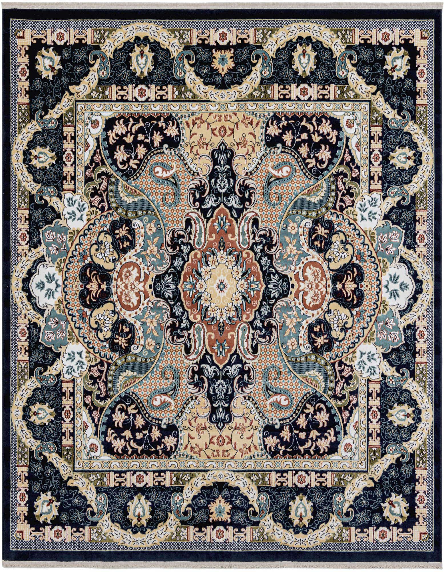 A square 7' 10 x 7' 10 Rugs.com Nain Design rug featuring a detailed traditional medallion pattern in blues, gold, and terracotta.