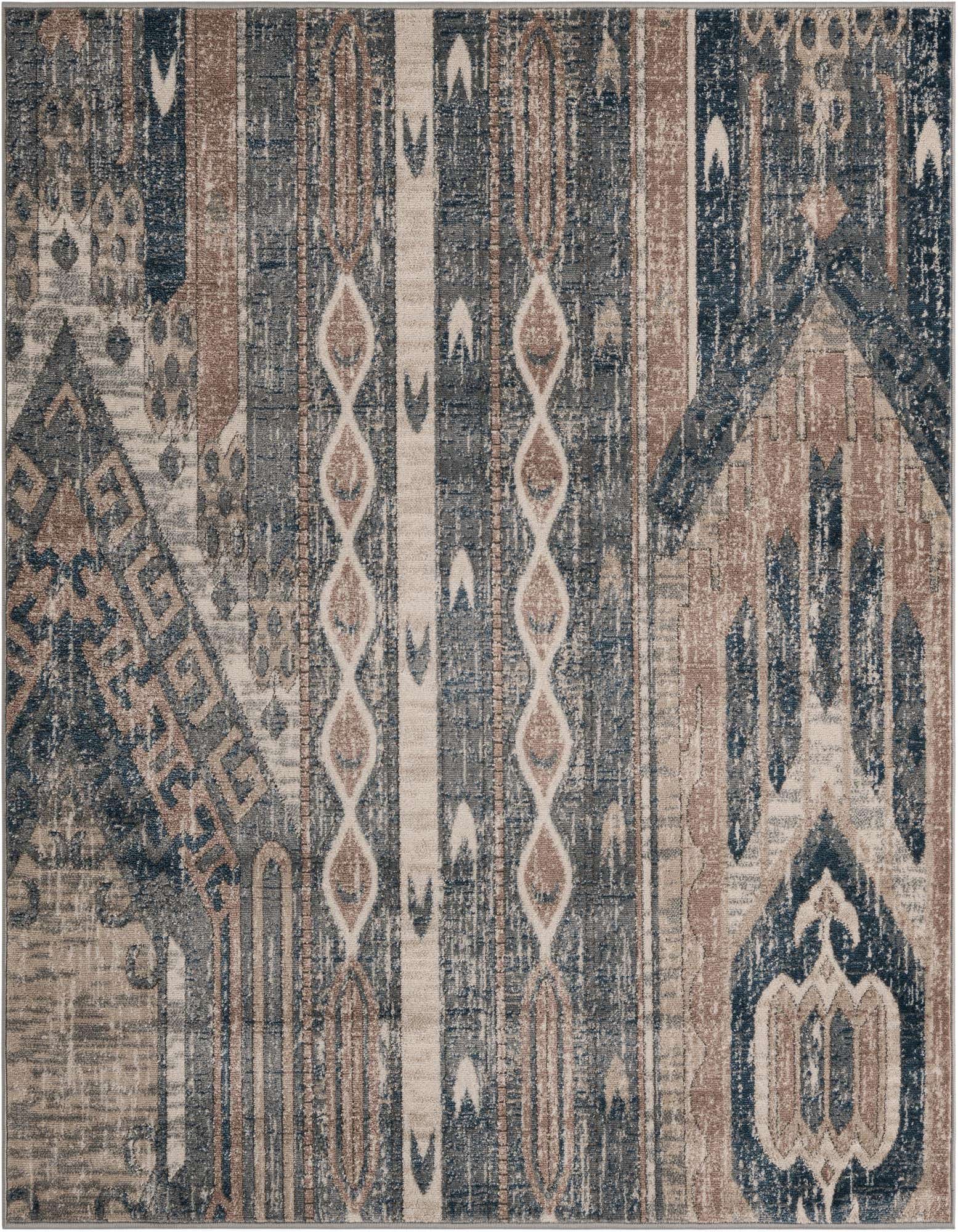 A square Rugs.com Oregon rug featuring a distressed bohemian pattern in shades of navy blue, beige, and brown.