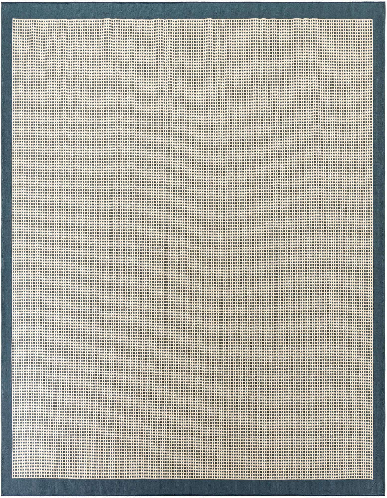 A 10'x10' square Rugs.com Outdoor Border rug with a cream-colored textured center and a solid navy blue border.