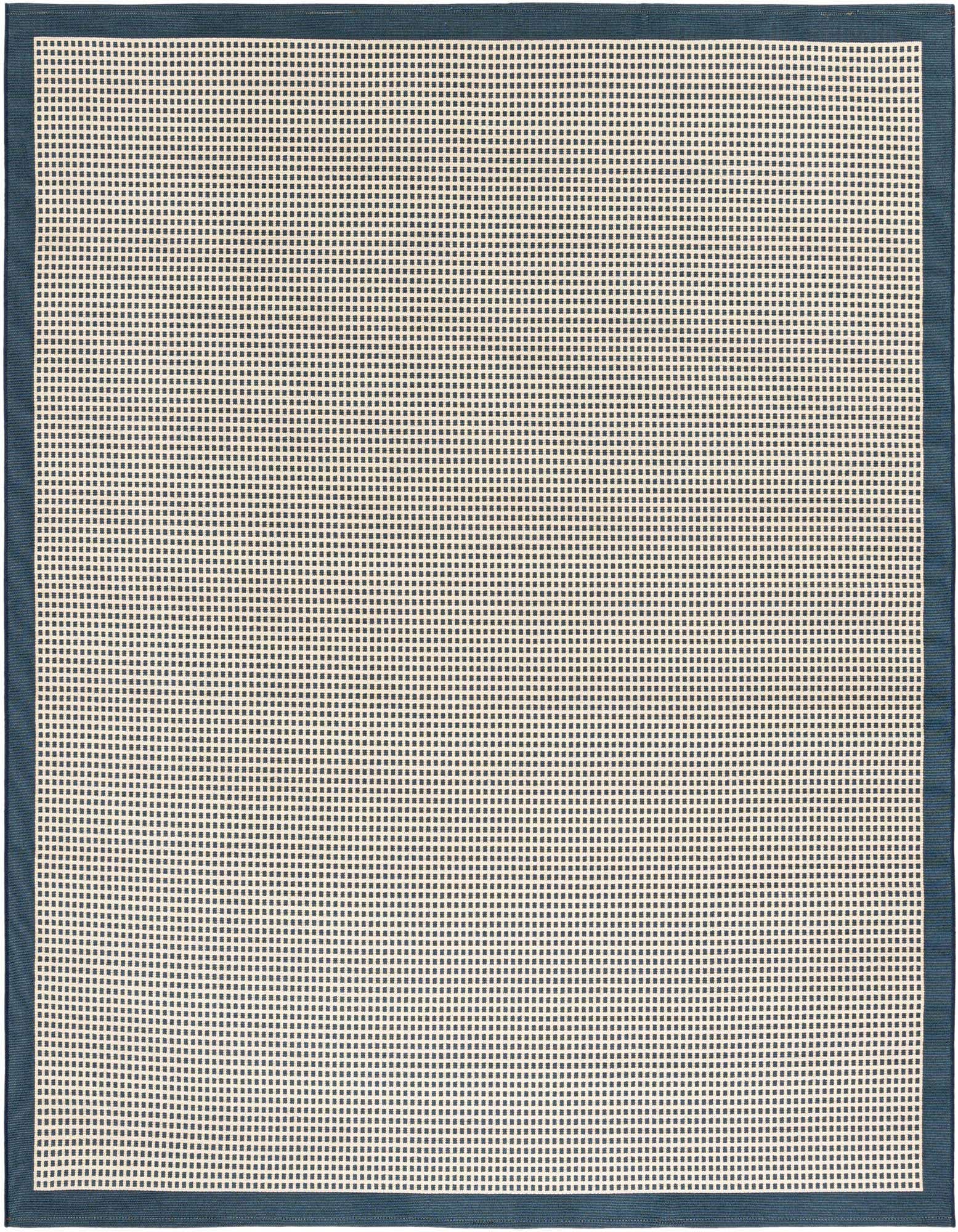 A 7' 10 x 7' 10 square modern navy blue and off-white indoor/outdoor rug with a textured grid pattern and solid border.