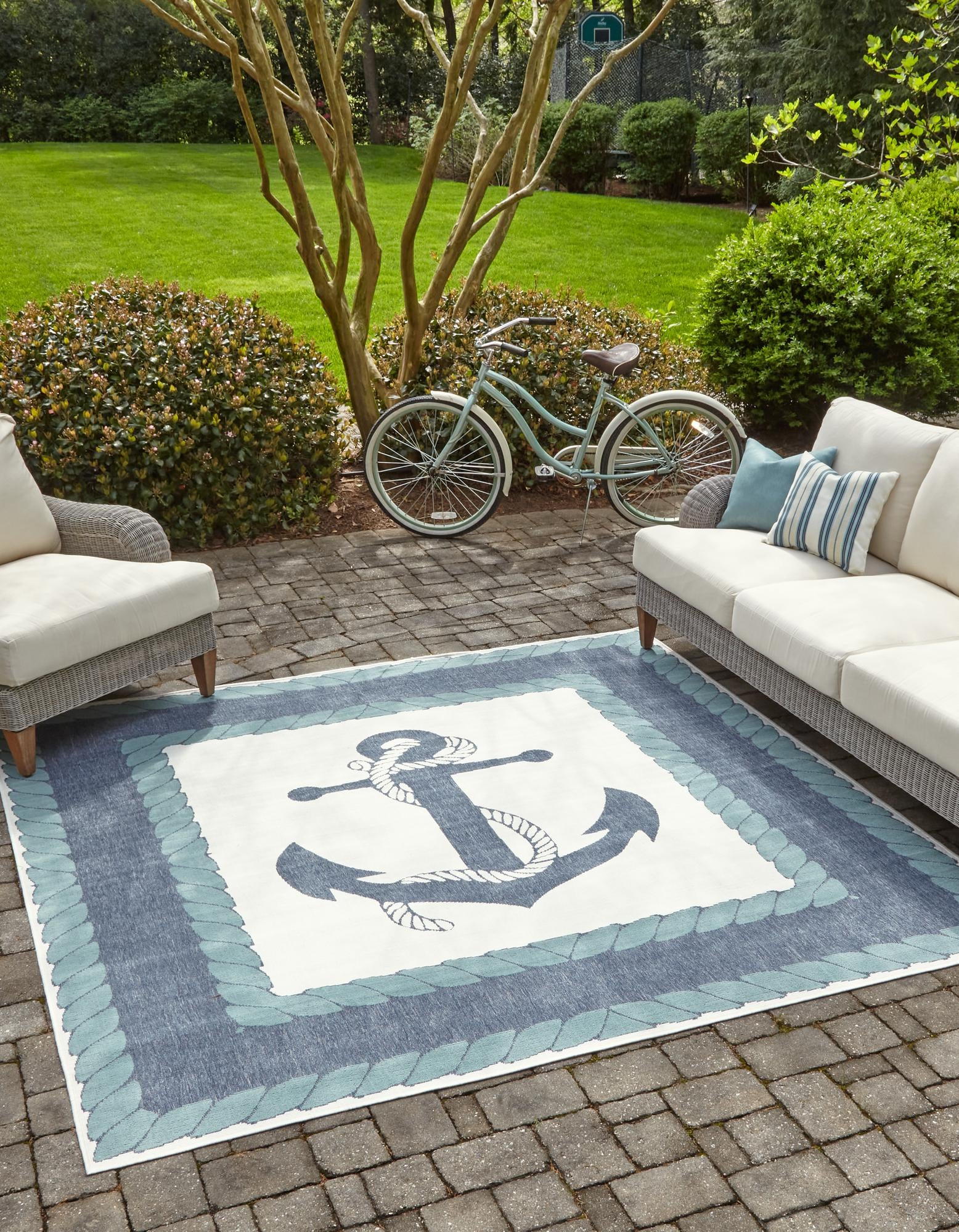 Navy Blue 10' x 10' Coastal Indoor / Outdoor Square Rug | Rugs.com