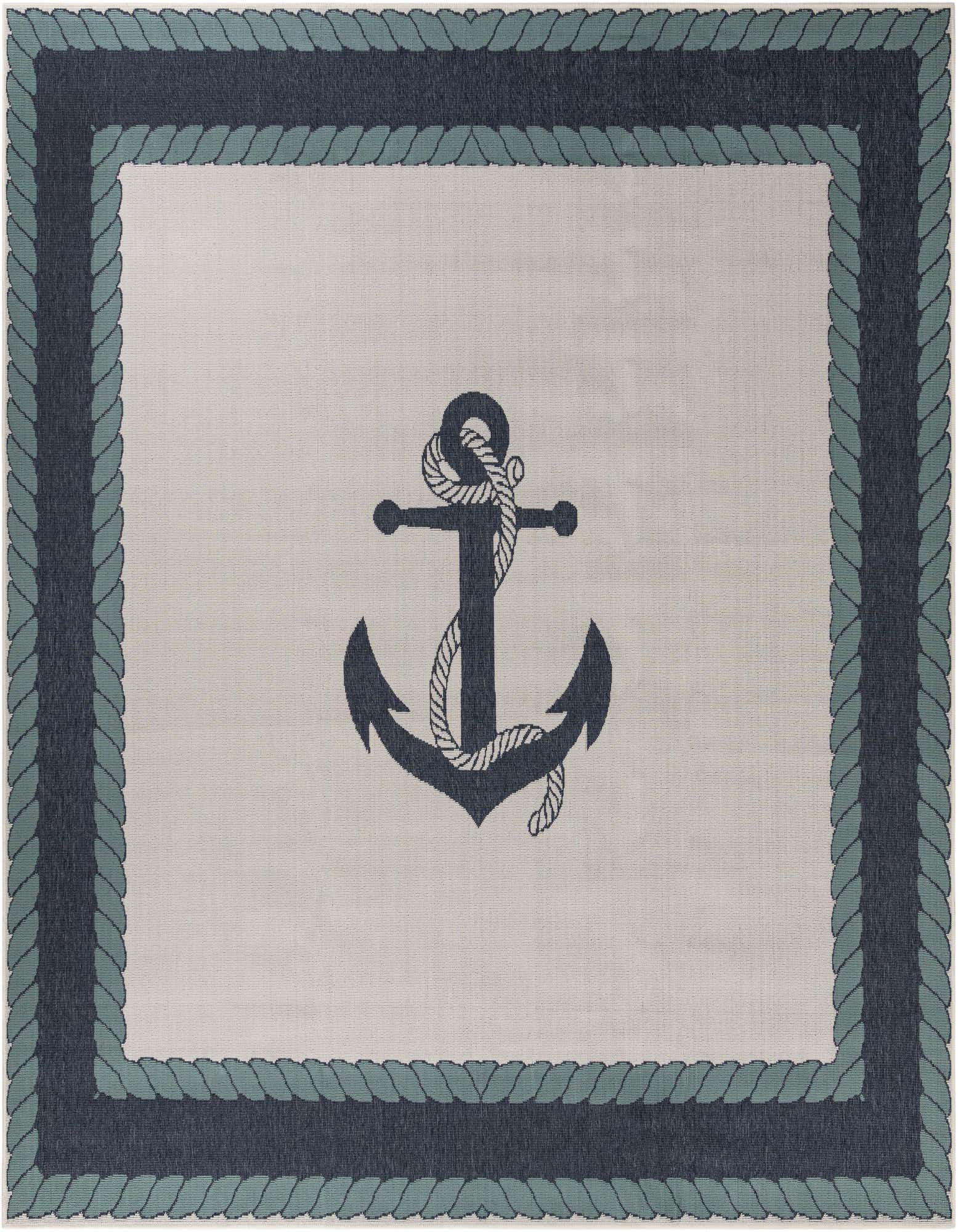 A 10' square indoor/outdoor rug with a large navy blue anchor and rope design on a light background, framed by a thick navy blue border and a teal rope pattern.