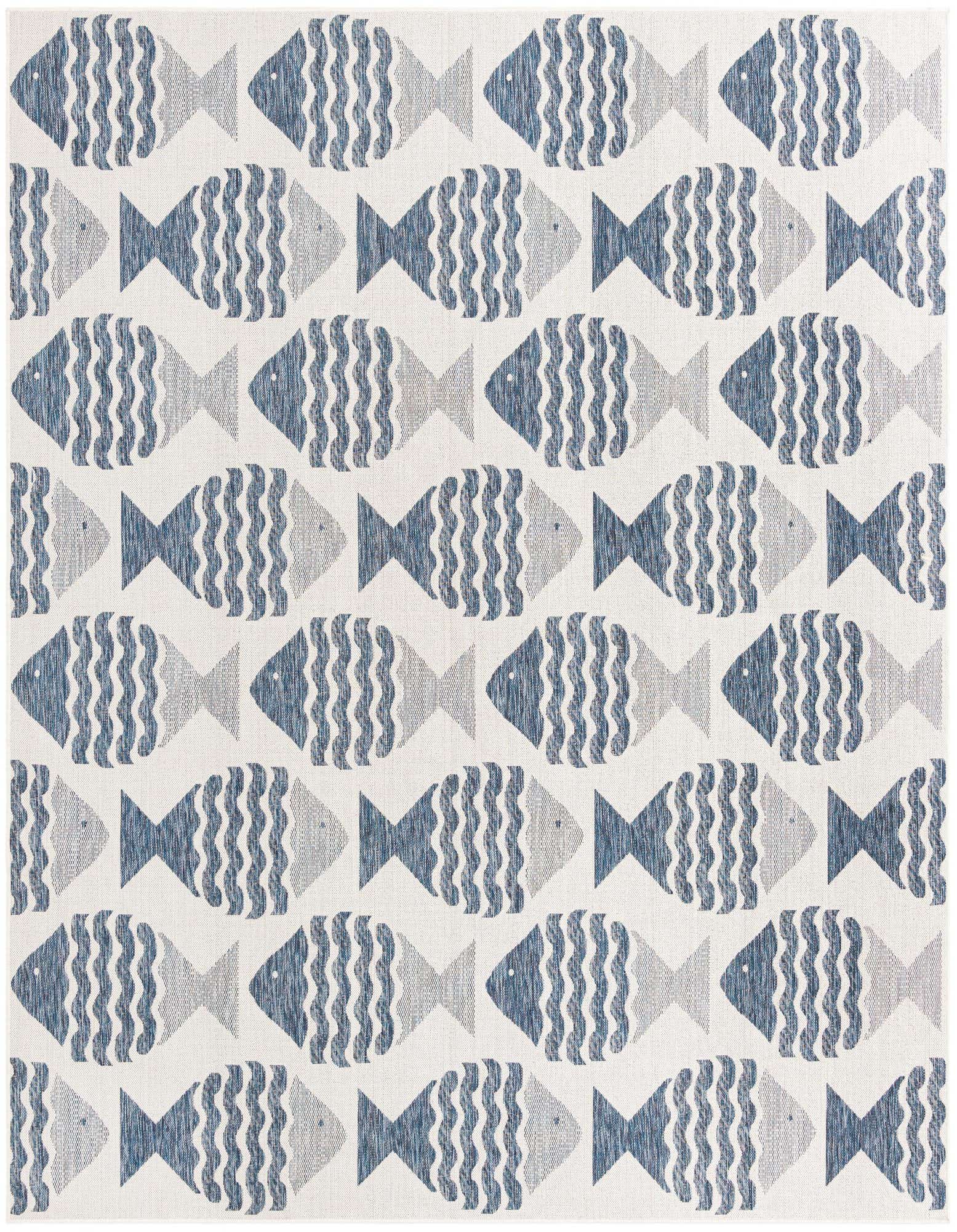 A 10x10 square Rugs.com Outdoor Coastal rug featuring a repeating pattern of stylized blue and light blue fish on a white background, perfect for a patio.