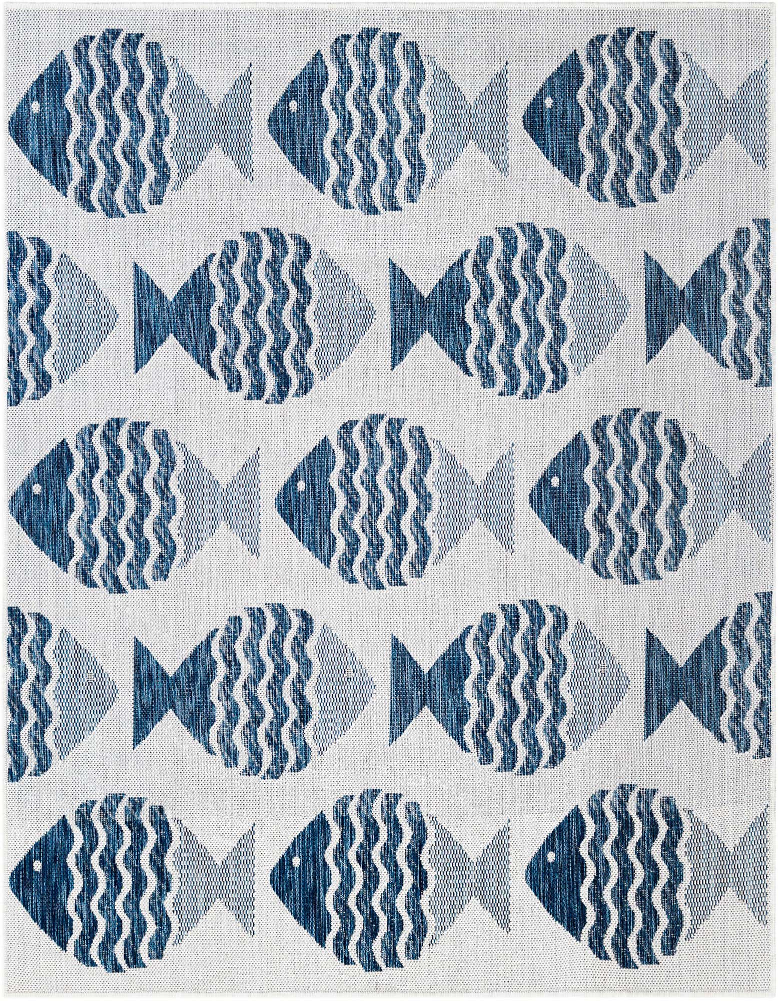 A 5' 3" square indoor/outdoor rug with a repeating pattern of navy blue fish on a light background, ideal for a patio.