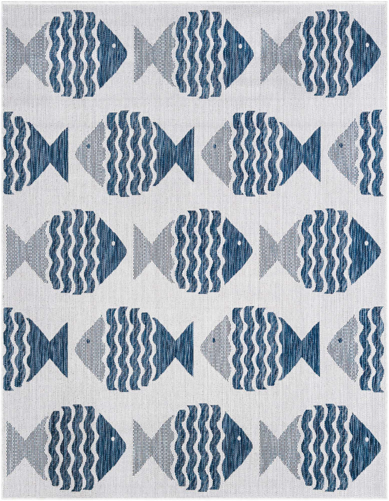 A square indoor/outdoor rug with a modern coastal pattern of navy blue fish on a light blue background.