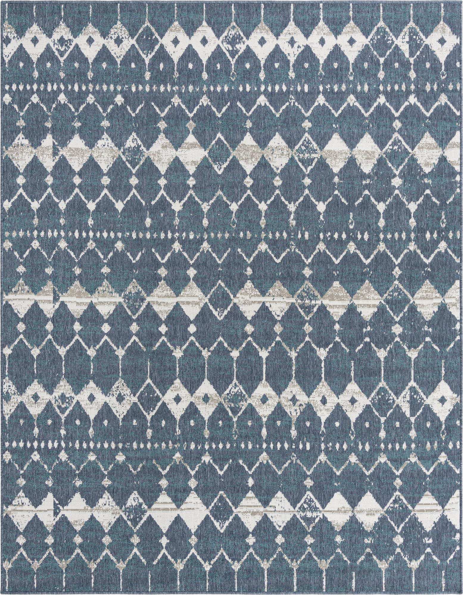 A 7' 10 x 7' 10 square indoor/outdoor rug featuring a distressed blue and white geometric lattice pattern.