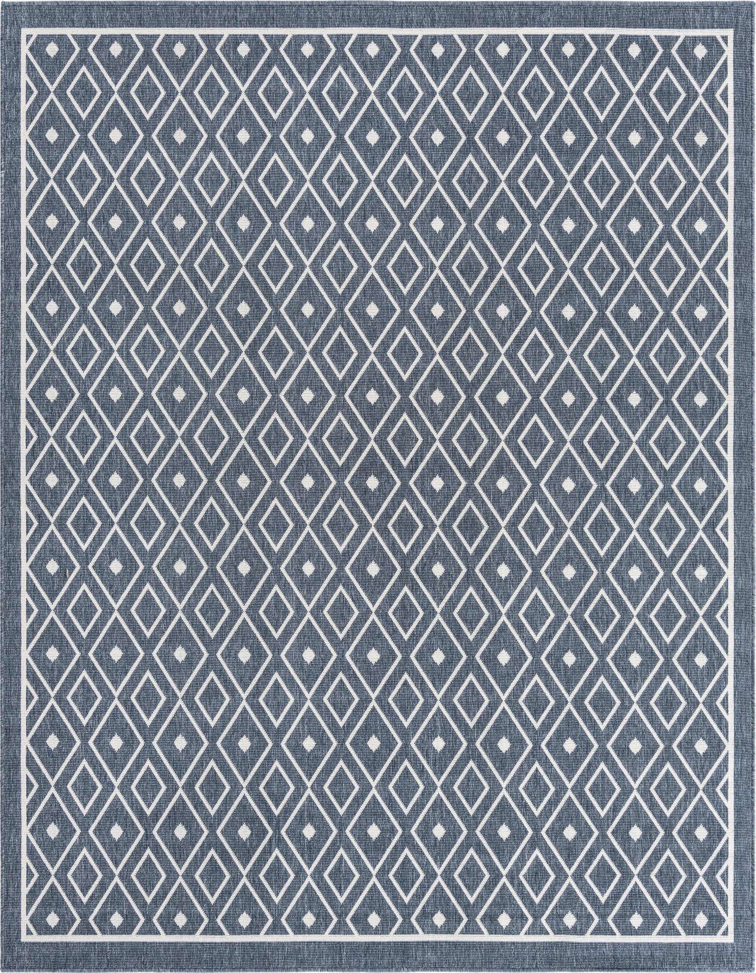 A 7' 10 x 7' 10 square navy blue indoor/outdoor rug with a repeating white geometric diamond pattern and a thin border.