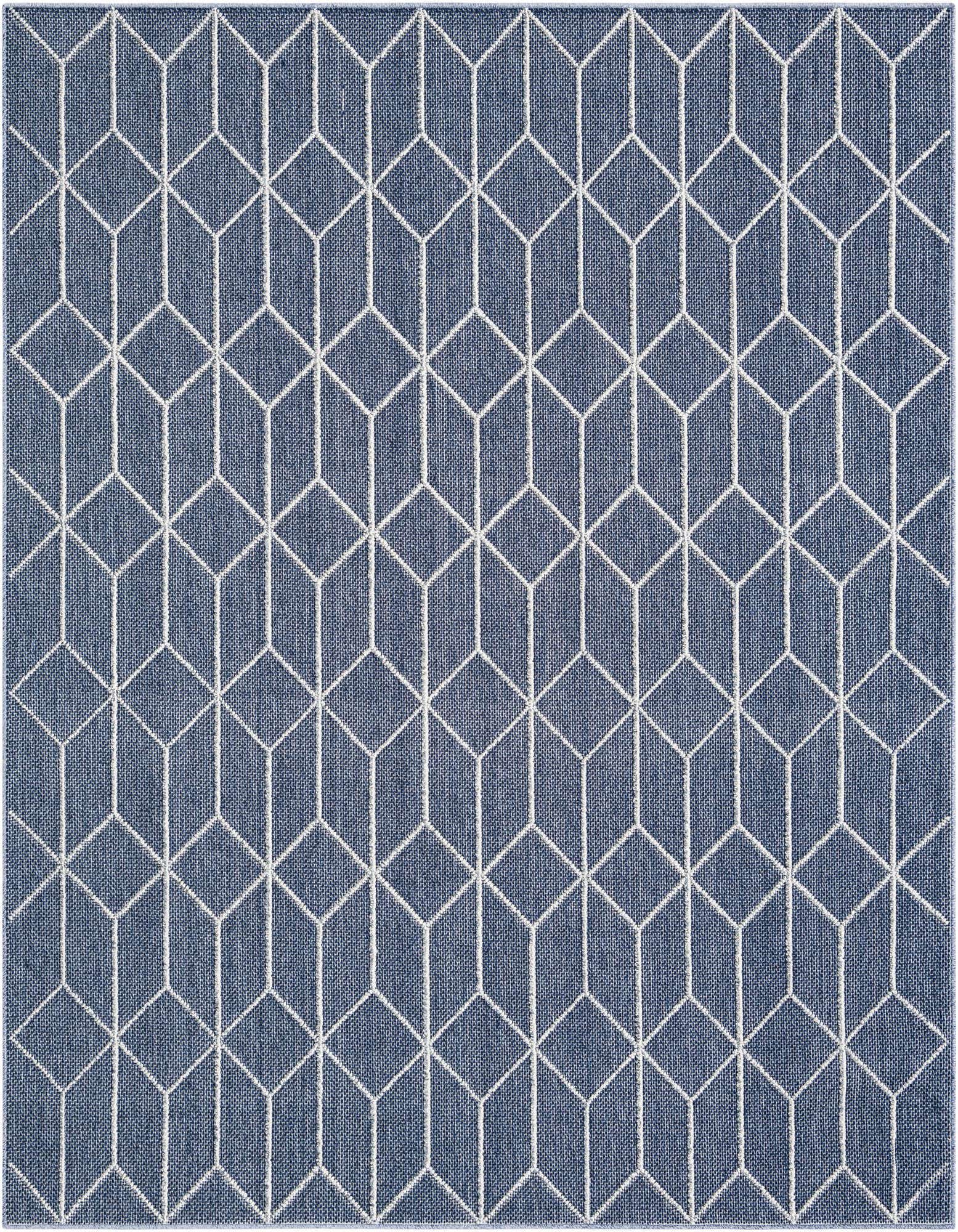 A square navy blue indoor/outdoor rug with a repeating white geometric trellis pattern, suitable for a patio.