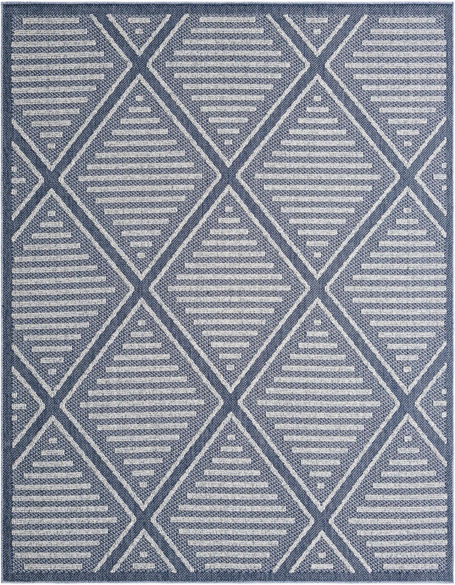 A 7' 10 x 7' 10 square navy blue and light blue modern geometric lattice rug, suitable for indoor/outdoor use.