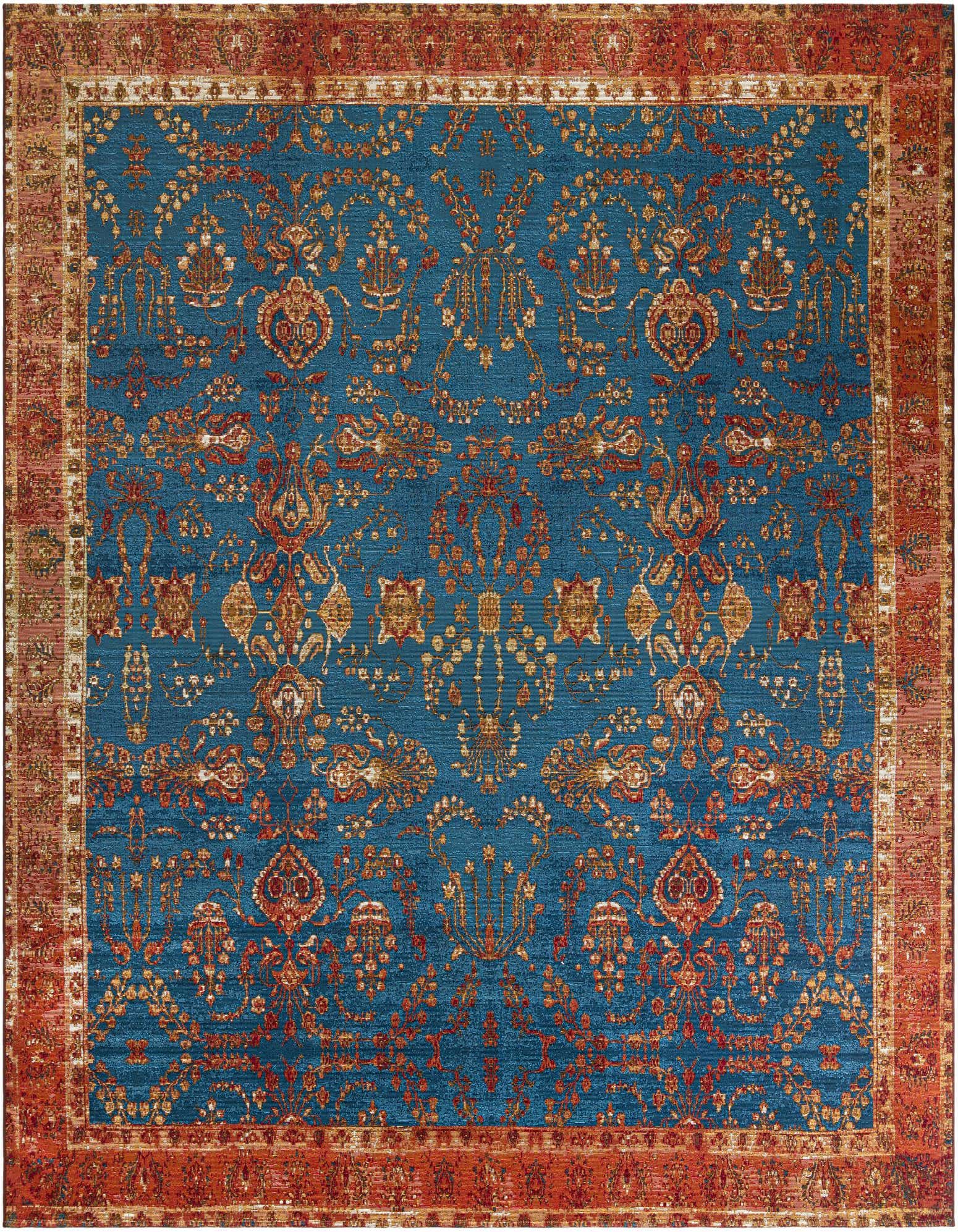 A 10'x10' square Rugs.com Outdoor Traditional rug featuring a blue field with an elaborate orange and gold oriental pattern and a wide orange border.