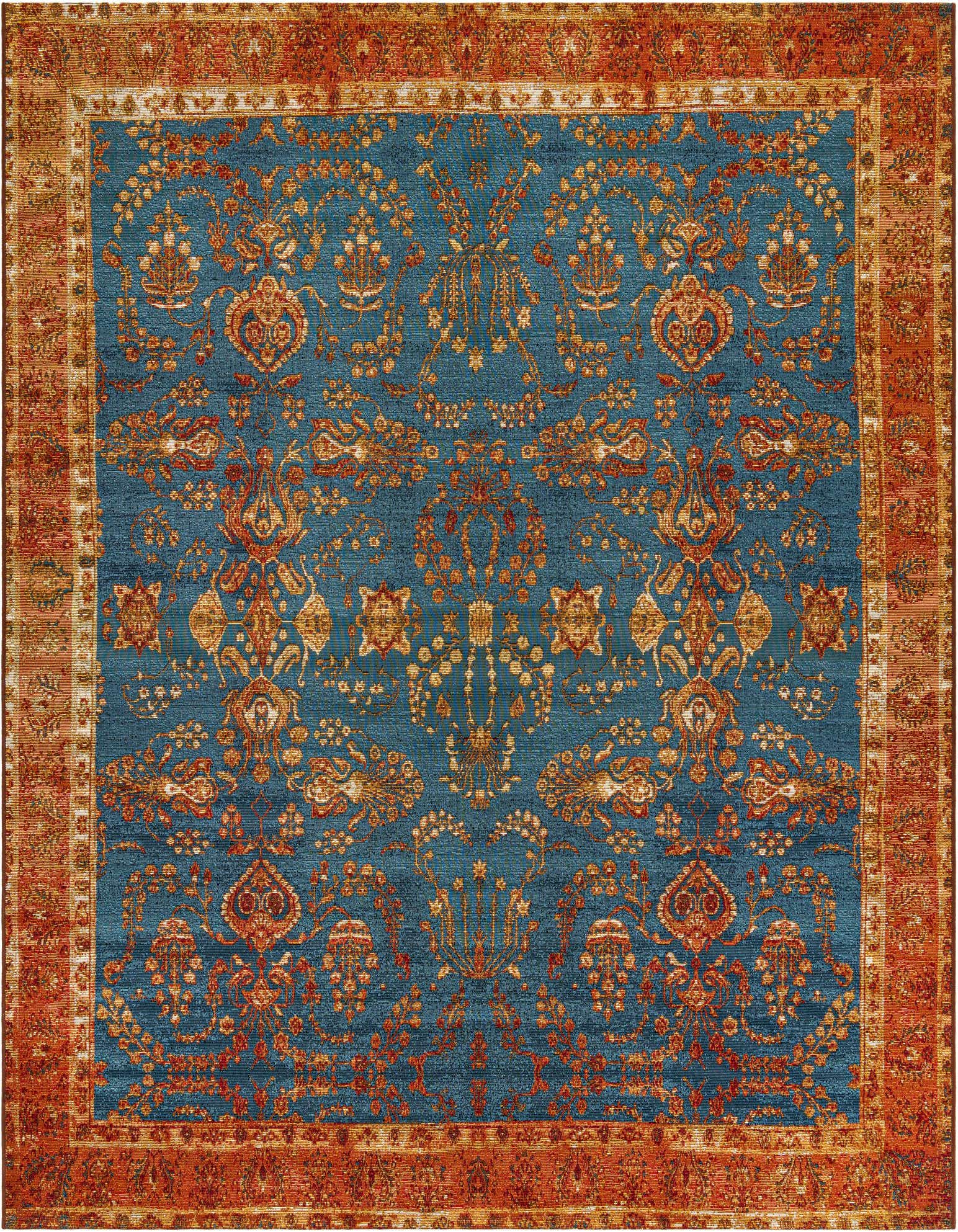 A 7' 10 x 7' 10 square blue and orange Oriental rug with an intricate medallion and floral pattern, suitable for a patio.