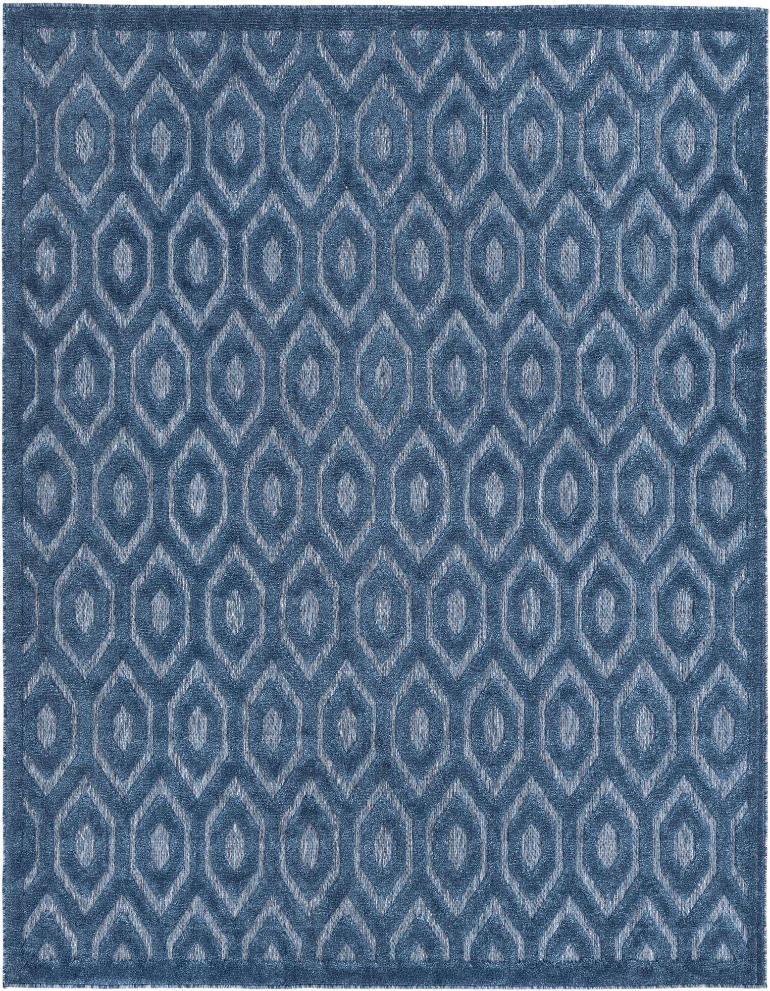A 7' 10 x 7' 10 square navy blue indoor/outdoor rug with a modern textured hexagonal pattern.