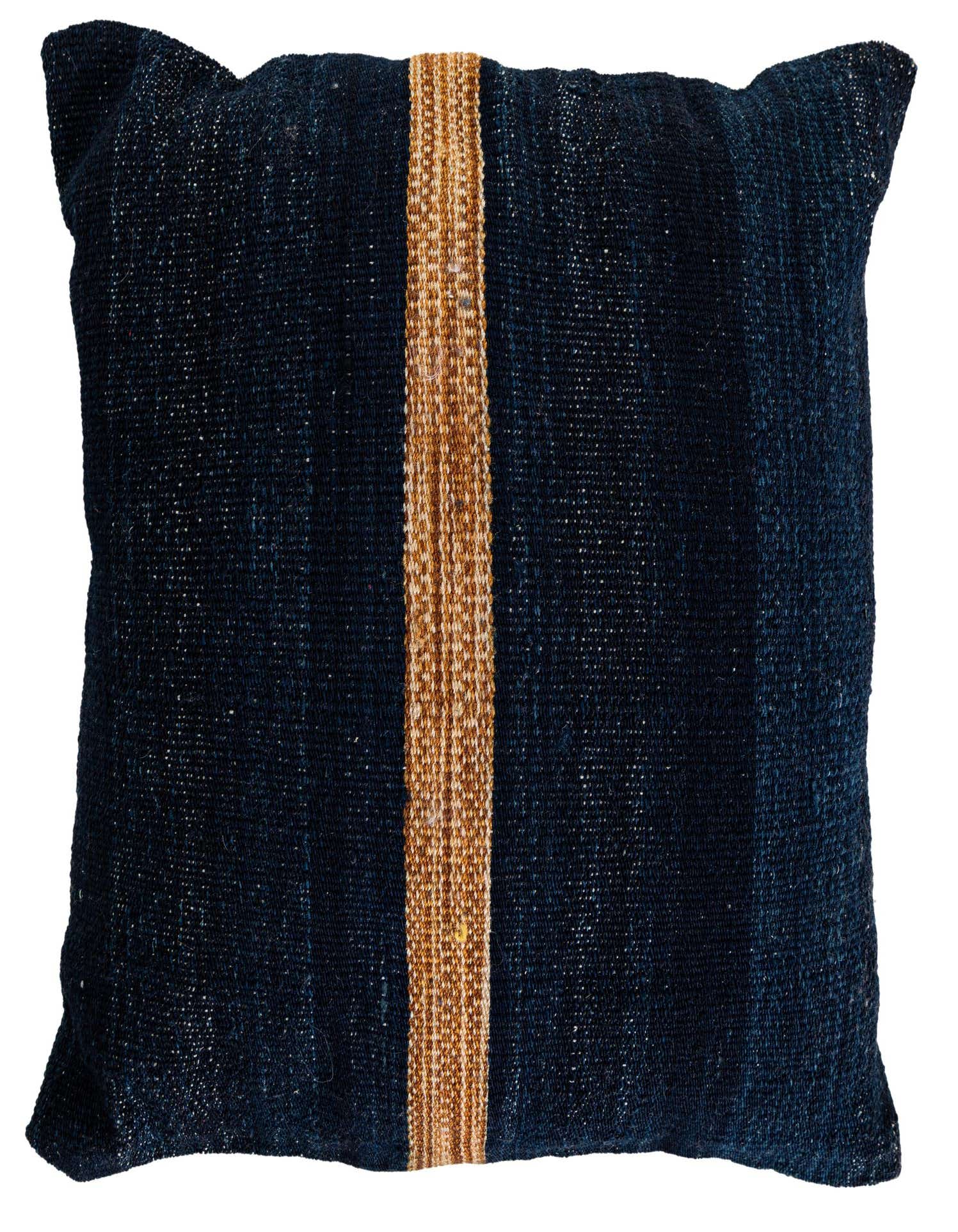 A square navy blue wool pillow with a central vertical stripe of golden brown texture, showcasing a modern Persian design.