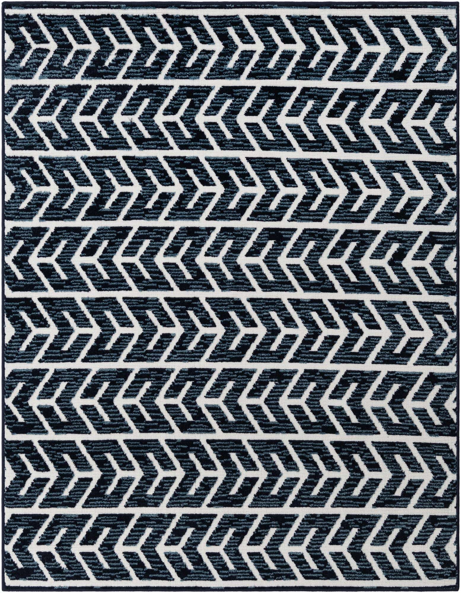 A square 6' x 6' navy blue and white indoor/outdoor rug with a modern tribal chevron pattern.
