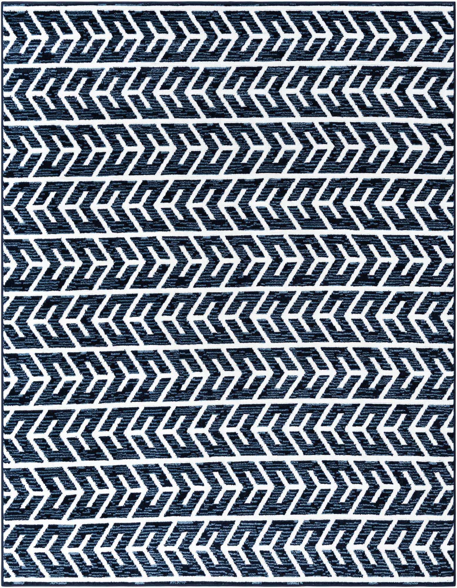 A 7' 10 x 7' 10 square navy blue and white rug with a modern tribal arrow pattern, suitable for a patio.