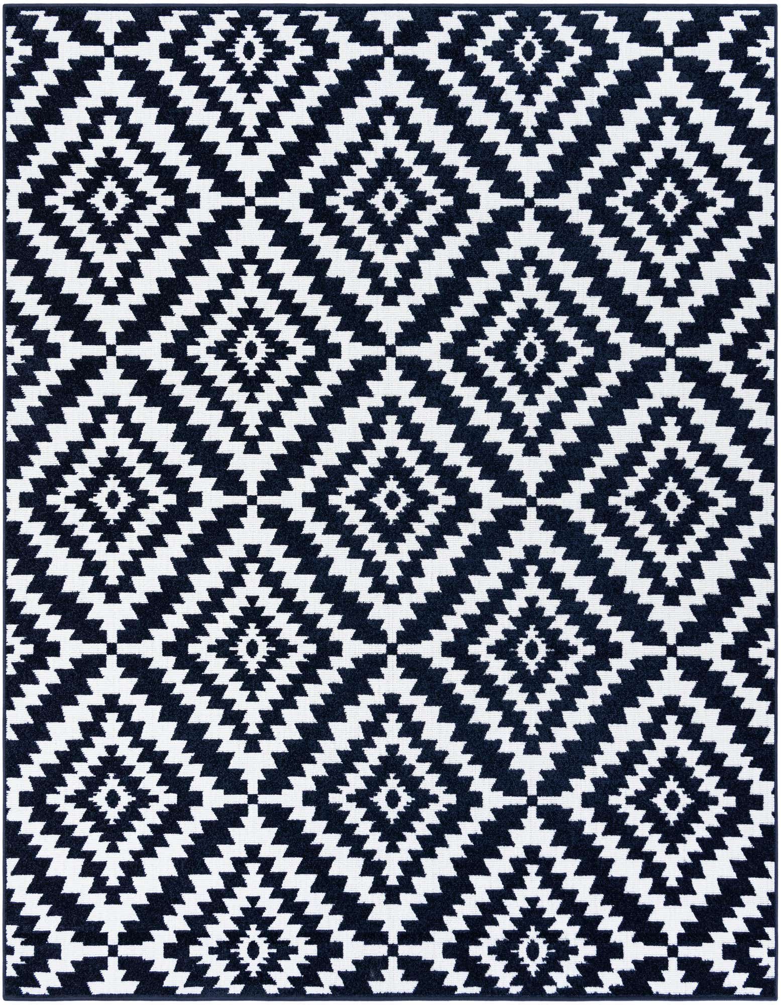 A 7' 10 x 7' 10 square navy blue and white modern geometric outdoor rug with a repeating diamond pattern.
